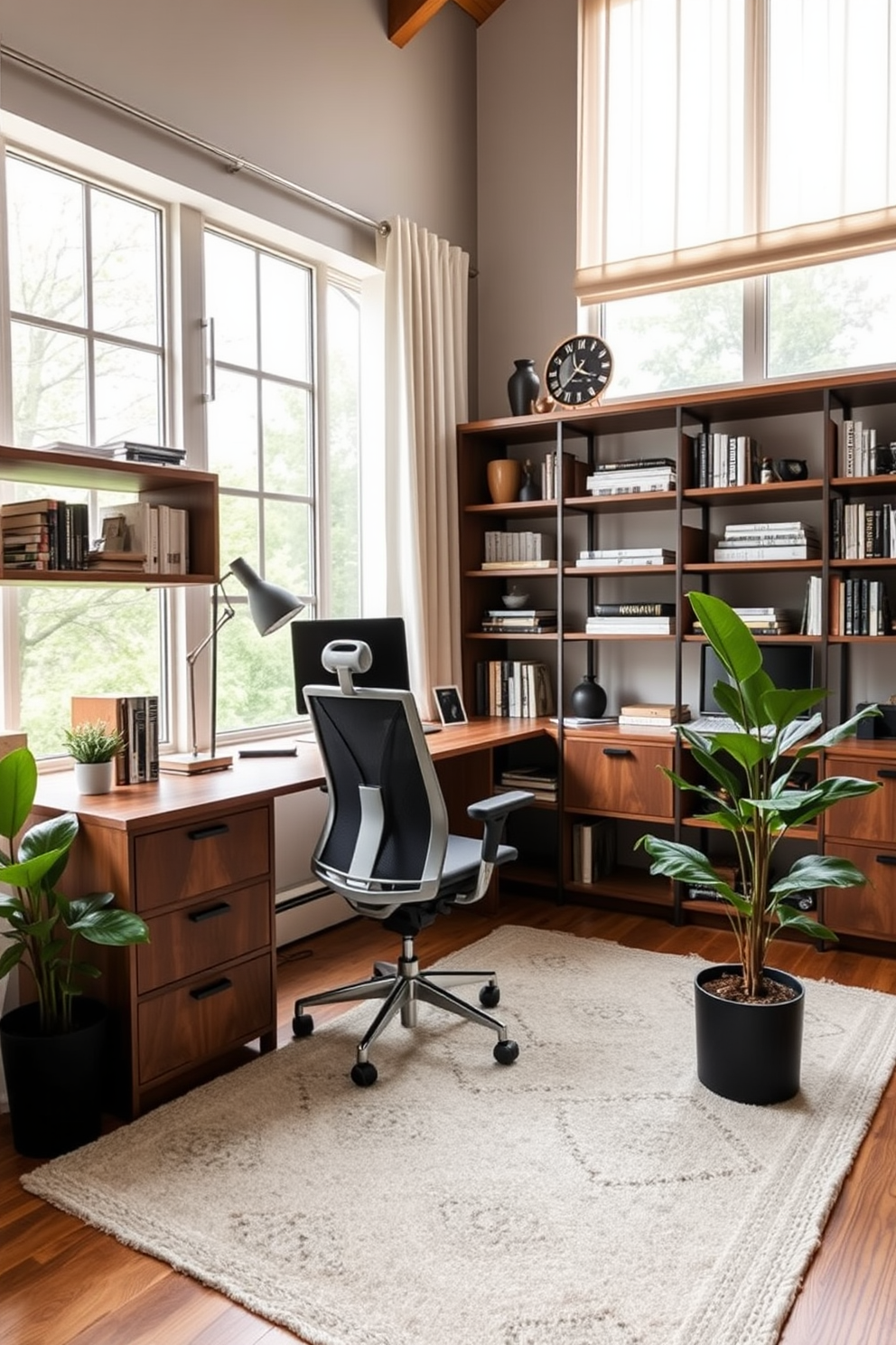 A stylish home office designed for productivity and comfort. The space features a sleek wooden desk paired with an ergonomic chair, surrounded by shelves filled with books and decorative items. Natural light floods the room through large windows adorned with light-filtering curtains. A cozy area rug anchors the space, while a potted plant adds a touch of greenery to enhance the inviting atmosphere.