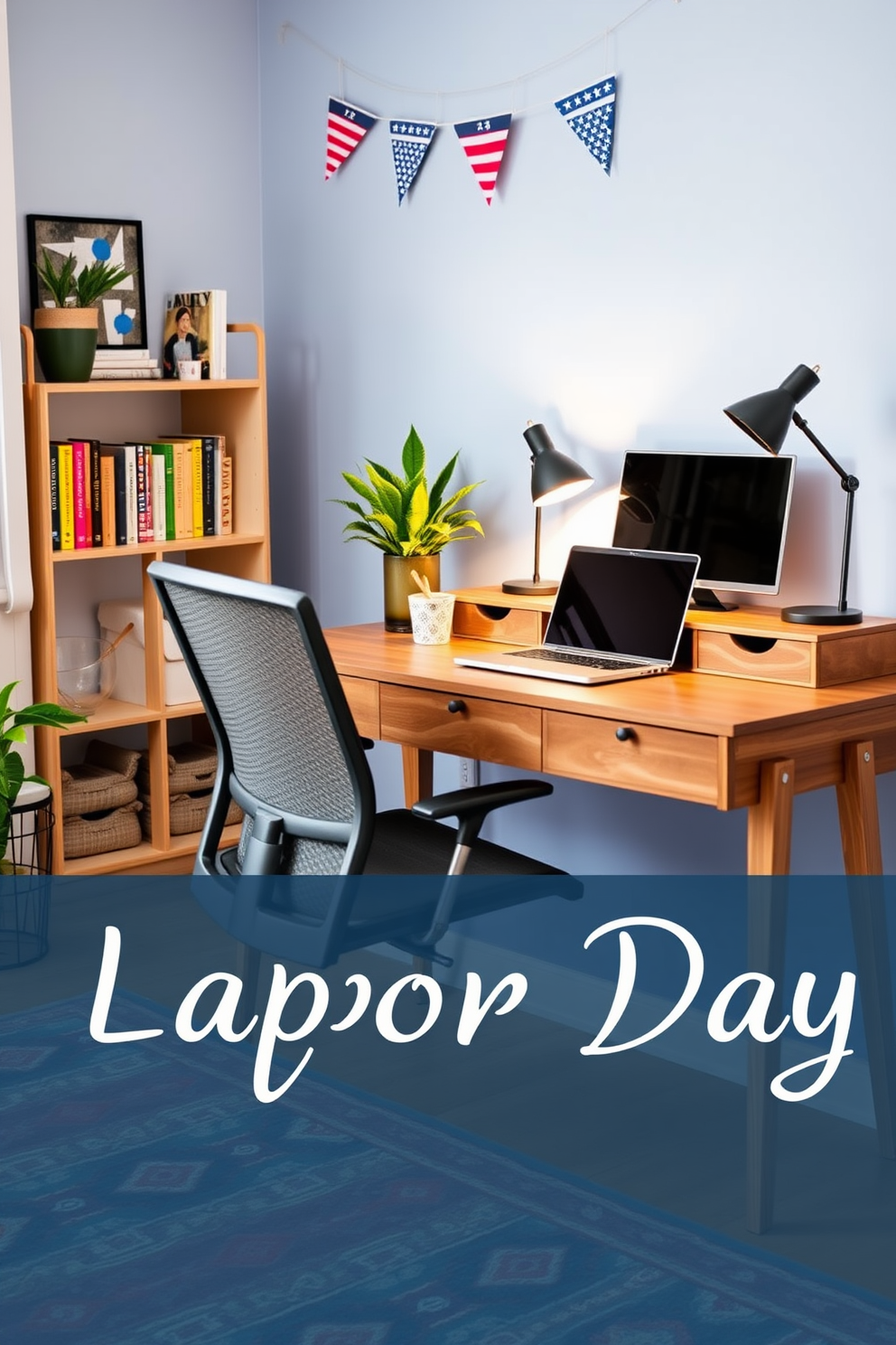 A cozy home office setting designed for Labor Day celebrations. There's a sleek wooden desk positioned against the wall with a comfortable ergonomic chair. On the desk, a laptop is open next to a decorative plant and a stylish desk lamp. A small bookshelf is placed in the corner, filled with colorful books and personal decor items. The walls are painted in a soft blue hue, creating a calming atmosphere. A vibrant rug lies under the desk, adding warmth and texture to the space.