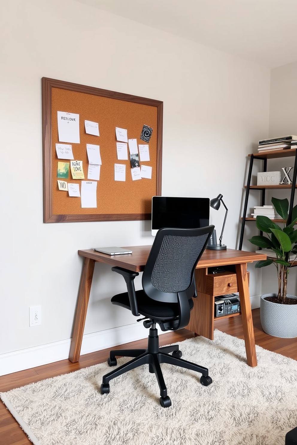 A cozy home office setup featuring a stylish pinboard mounted on the wall for important reminders. The desk is made of reclaimed wood and paired with a comfortable ergonomic chair, while a soft area rug adds warmth to the space.