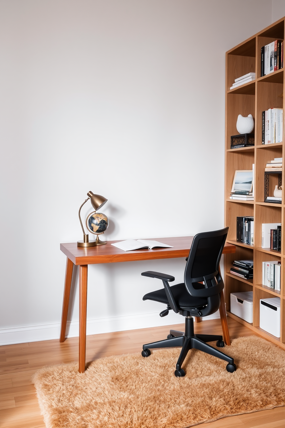 A stylish home office featuring a sleek wooden desk positioned against a light gray wall. The desk is adorned with a decorative globe and a modern lamp, while a comfortable ergonomic chair complements the setup. To the right of the desk, a tall bookshelf filled with neatly arranged books and decorative items adds personality to the space. A plush area rug in warm tones lies beneath the desk, enhancing the cozy atmosphere for a productive Labor Day vibe.