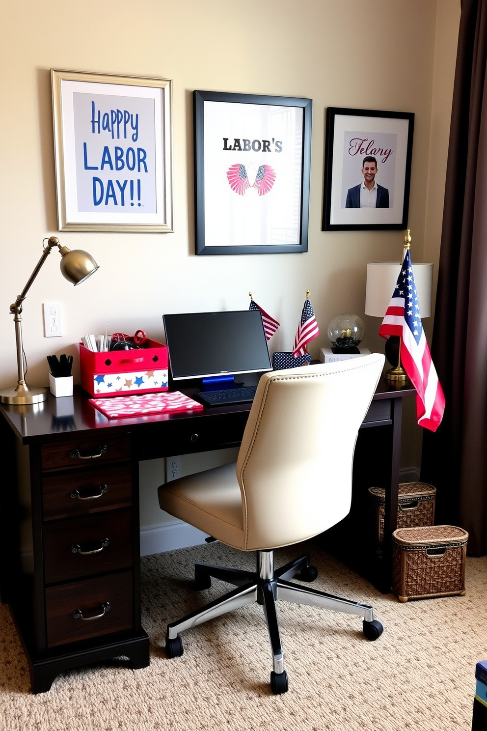 A stylish home office setting decorated for Labor Day. The desk features red white and blue accessories, including a vibrant desk organizer, a patriotic mouse pad, and a decorative flag. The walls are adorned with framed artwork that celebrates the holiday spirit. A comfortable chair in a neutral tone complements the colorful decor, creating an inviting workspace.