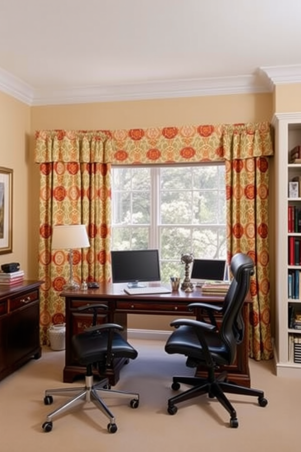 A stylish home office featuring patterned curtains that add a vibrant pop of color to the space. The desk is made of dark wood and is complemented by a comfortable ergonomic chair, creating an inviting work environment. On the walls, a soft beige paint enhances the natural light coming from a large window. A bookshelf filled with neatly organized books and decorative items adds personality and warmth to the room.