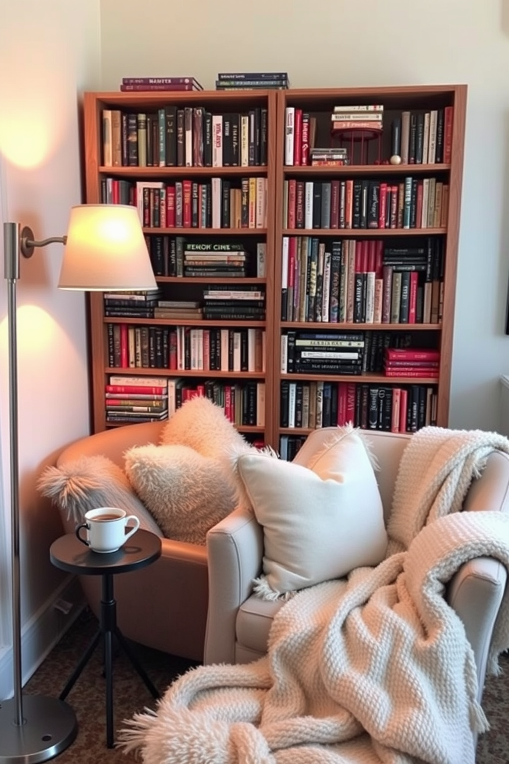 Create a cozy reading nook with plush pillows and a soft throw blanket. A comfortable armchair is positioned next to a tall bookshelf filled with an array of books and decorative items. Incorporate warm lighting with a stylish floor lamp that casts a gentle glow. A small side table holds a steaming cup of tea and a framed photo, enhancing the inviting atmosphere.