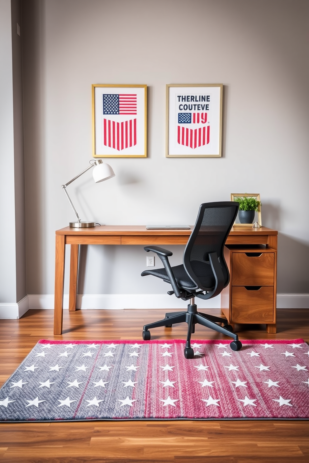 A stylish home office featuring a sleek wooden desk positioned against a light gray wall. The floor is adorned with a patriotic area rug that adds a pop of color and warmth to the space. A comfortable ergonomic chair sits at the desk, complemented by a modern desk lamp. On the wall above the desk, framed artwork reflects themes of patriotism and creativity, enhancing the inspiring atmosphere.