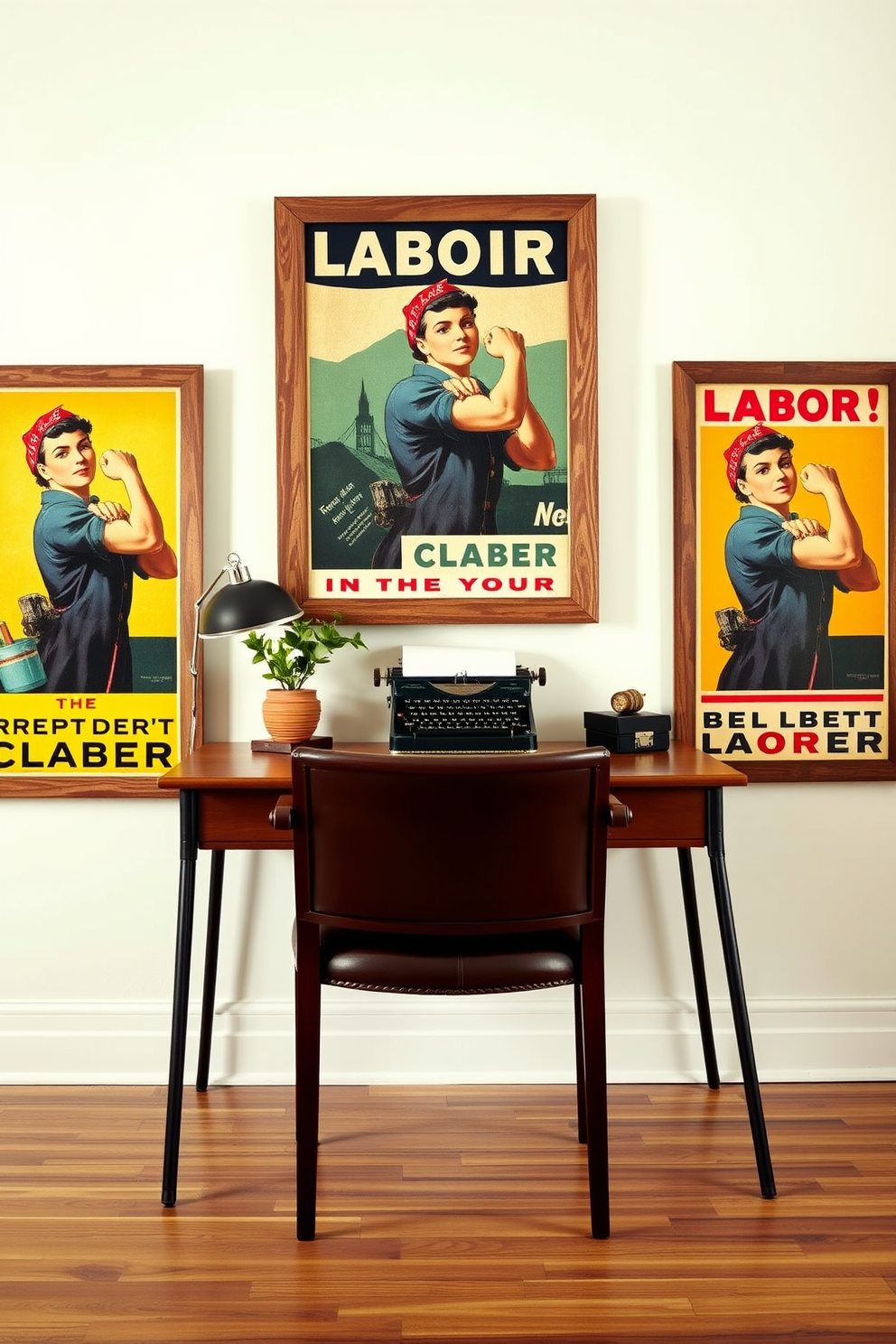 A stylish home office space featuring vintage labor posters as wall art. The posters are framed in distressed wood and add a pop of color to the otherwise neutral walls. A sturdy wooden desk sits in the center of the room, paired with a comfortable leather chair. A vintage typewriter and a small potted plant are placed on the desk, enhancing the nostalgic atmosphere.