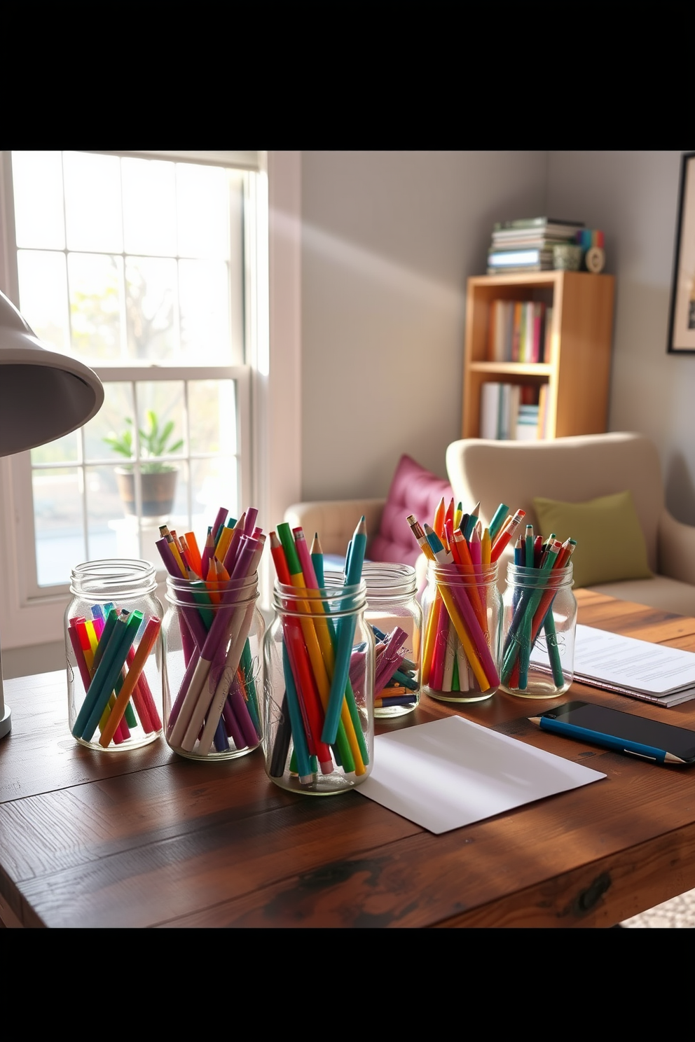 A stylish home office setup featuring mason jars used for desk organization. The jars are filled with colorful stationery items like pens, pencils, and markers, creating a vibrant yet tidy workspace. The desk is made of reclaimed wood, exuding a rustic charm. Soft natural light streams in through a nearby window, illuminating a cozy reading nook with a comfortable chair and a small bookshelf.