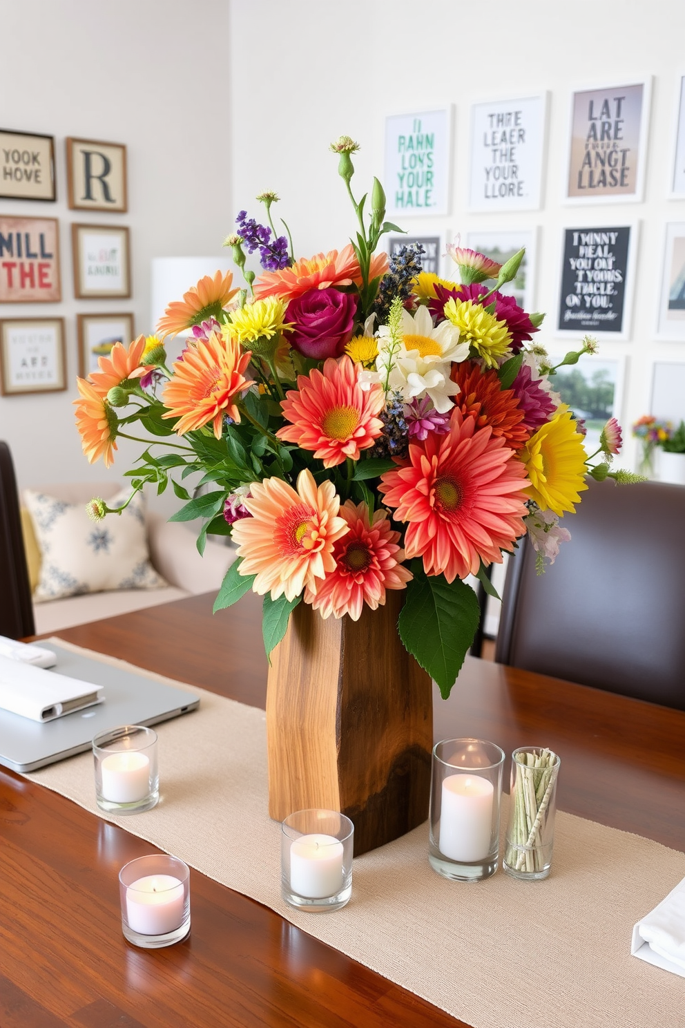 A festive table centerpiece arrangement featuring a mix of vibrant seasonal flowers in a rustic wooden vase. Surrounding the vase are small candles in glass holders, adding a warm glow to the table setting. Labor Day home office decorating ideas include a stylish desk adorned with a sleek laptop and decorative stationery. A cozy armchair in the corner complements the workspace, while a gallery wall of motivational art adds a personal touch.