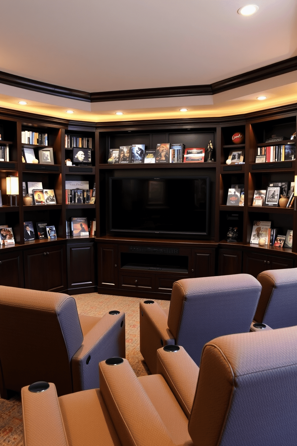 A cozy home theater featuring built-in shelves designed to display DVDs and cherished memorabilia. The shelves are crafted from dark wood and are lined with an array of colorful movie covers and personal mementos. The seating area includes plush recliners arranged for optimal viewing, with a large screen mounted on the wall. Soft lighting fixtures create an inviting atmosphere, enhancing the overall cinematic experience.