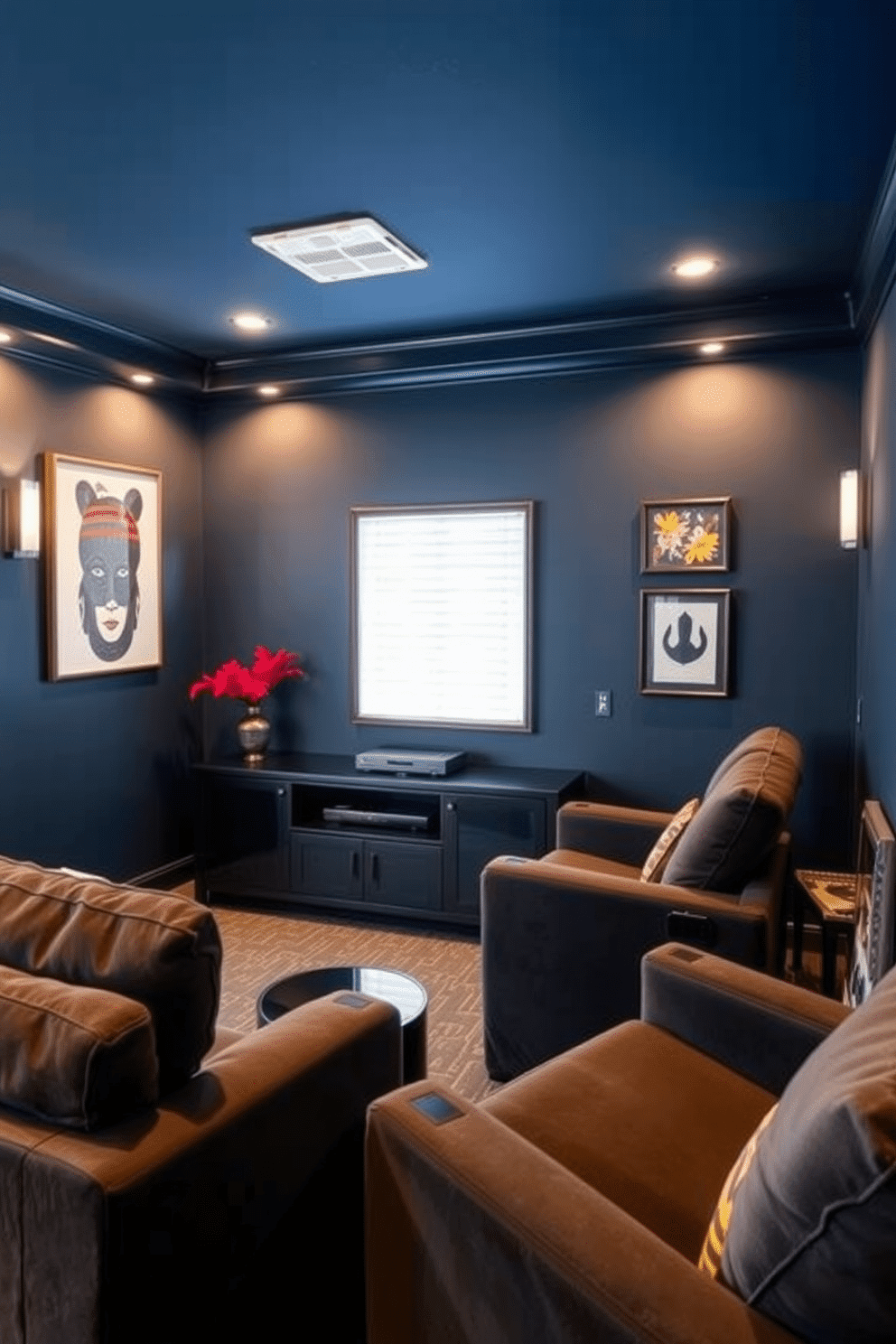 A cozy home theater featuring an accent wall painted in deep navy blue. Plush seating in rich gray complements the dark hues, creating an inviting atmosphere. Soft ambient lighting enhances the cinematic experience while decorative wall art adds a personal touch. A sleek media console houses the latest technology, seamlessly blending style and function.