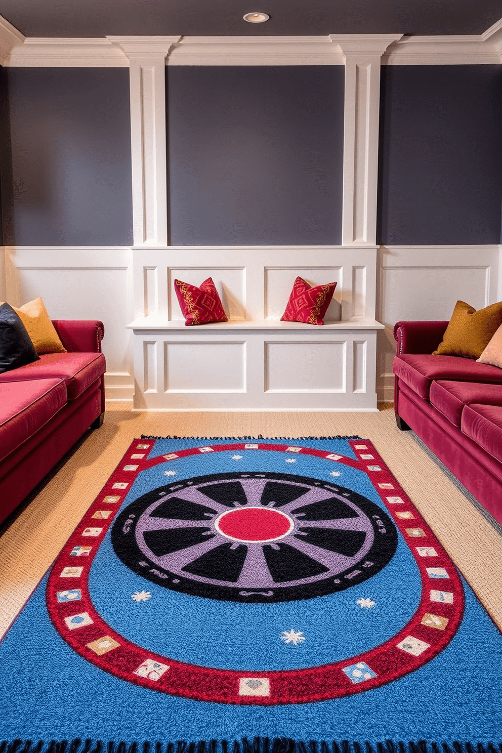 A vibrant home theater space featuring a rug with a playful movie reel pattern at the center. Surrounding the rug are plush seating options in rich colors, with soft throw pillows adding comfort and style.