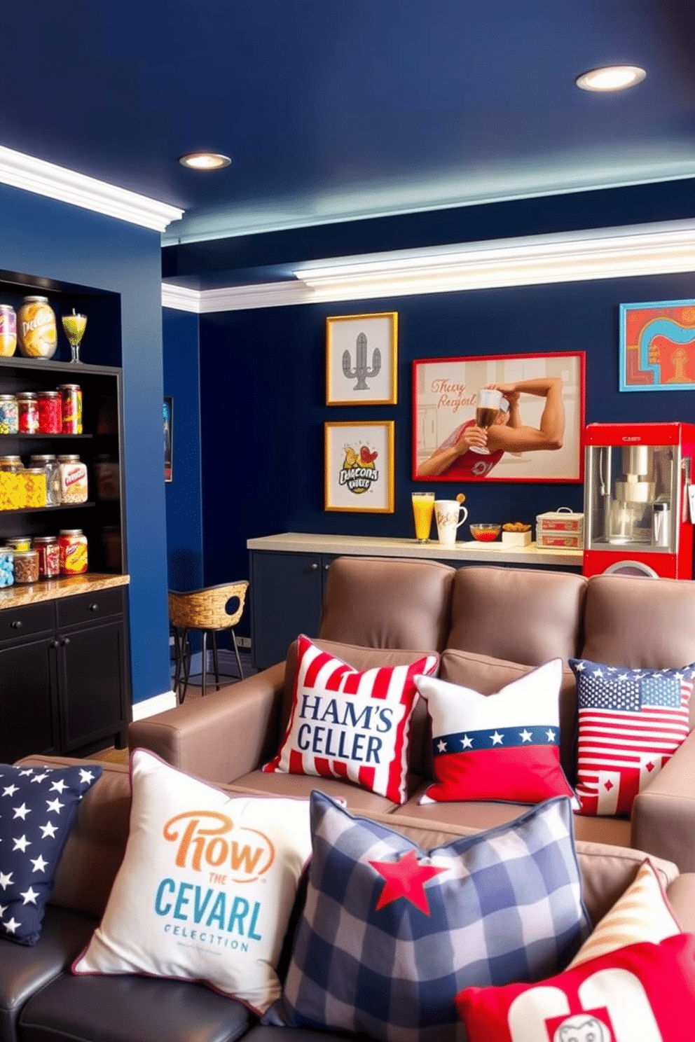 A vibrant snack bar featuring a colorful array of candies in jars and a selection of refreshing drinks displayed on a stylish countertop. The backdrop is adorned with playful wall art and bright lighting that creates an inviting atmosphere for guests. A cozy home theater designed for Labor Day celebrations with plush seating arranged for optimal viewing. The walls are painted in a deep navy blue, and decorative accents include themed cushions and a popcorn machine for a festive touch.