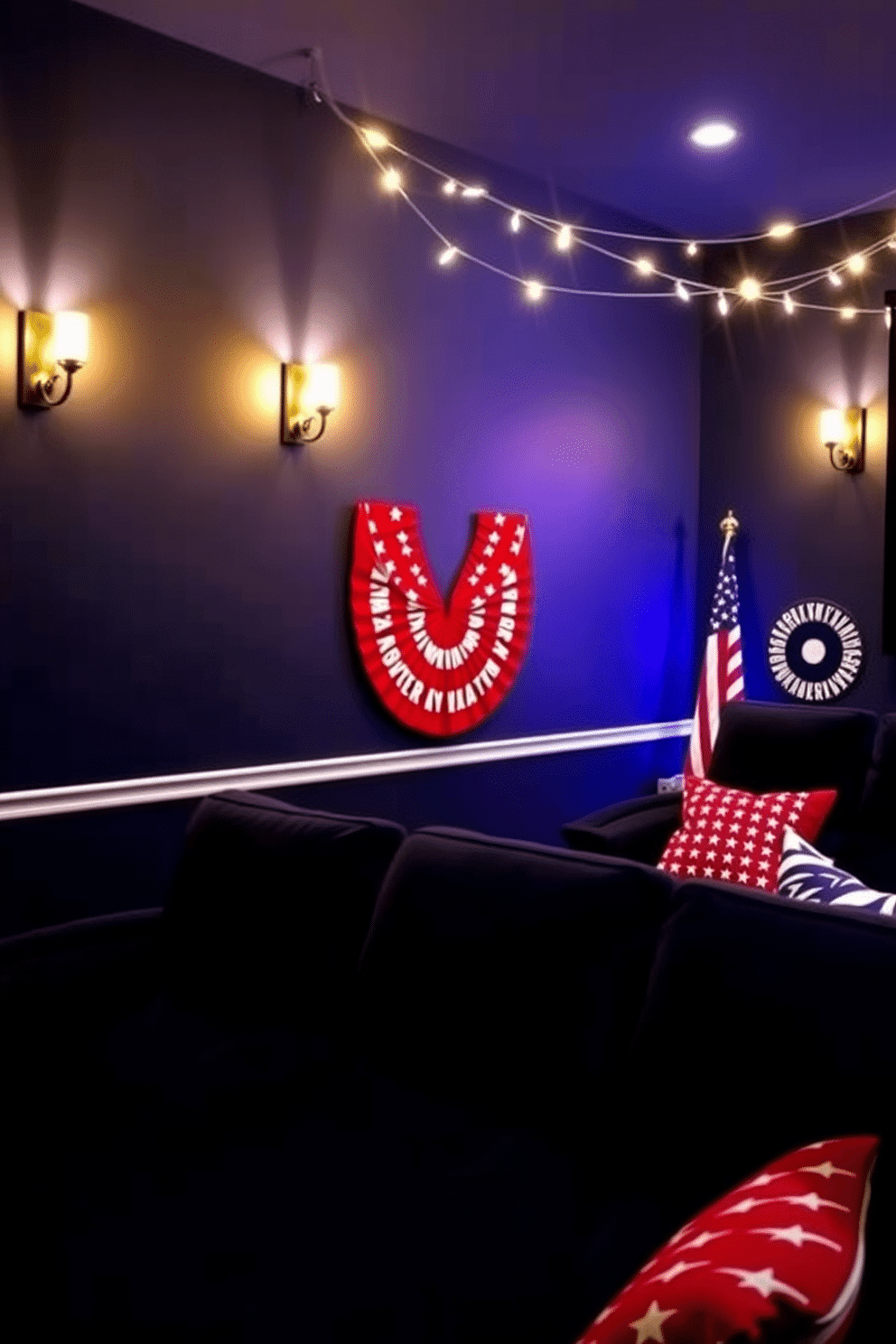 A cozy home theater setting featuring wall sconces that provide soft lighting effects. The walls are painted in a deep navy blue, and plush seating is arranged for optimal viewing comfort. For a Labor Day celebration, the home theater is decorated with festive red, white, and blue accents. String lights are draped across the ceiling,