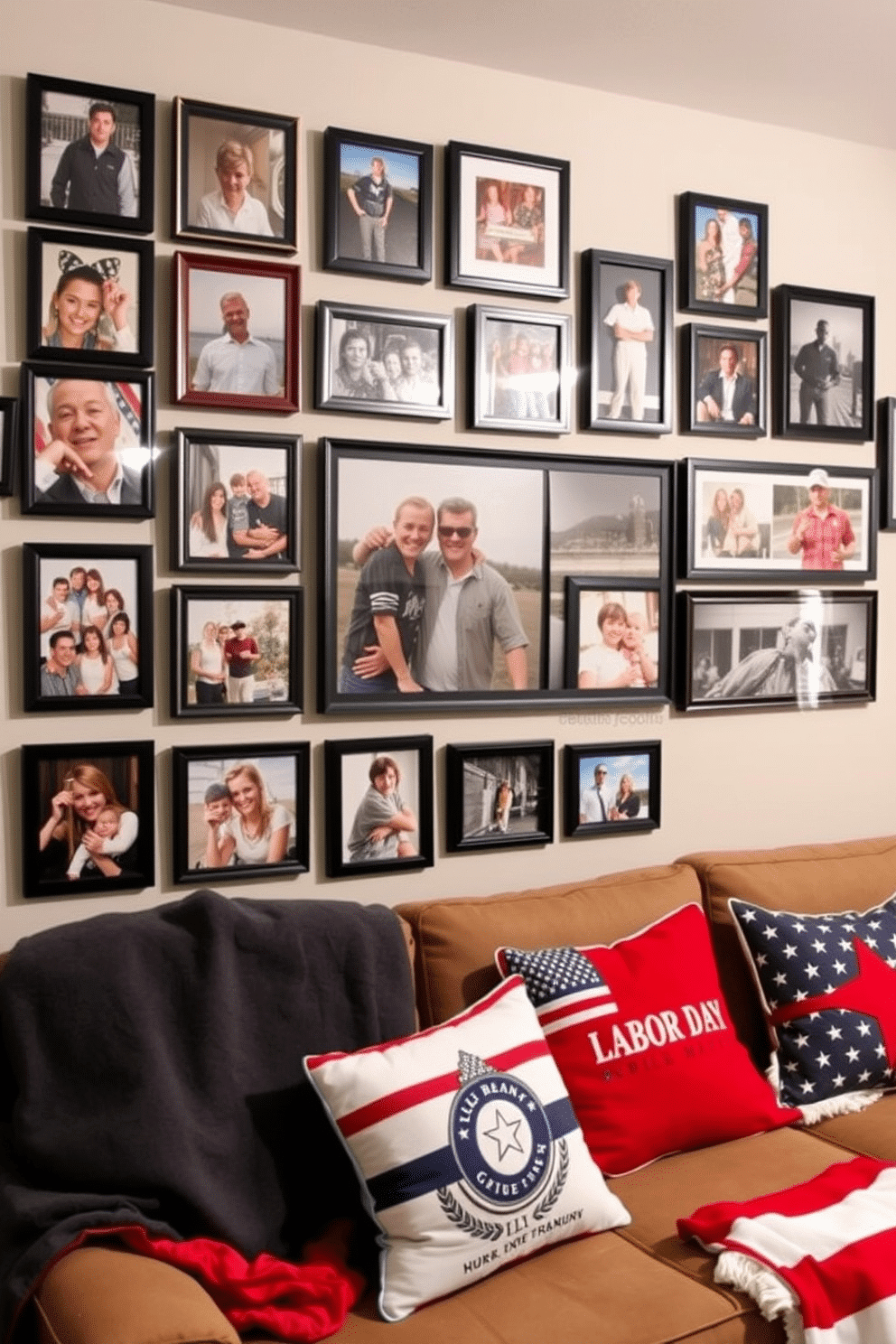 A gallery wall showcasing framed photos from family movie nights. The wall is adorned with a mix of black and white and colorful frames, creating a vibrant and nostalgic atmosphere. For Labor Day, the home theater is decorated with red, white, and blue accents. Cozy blankets and themed cushions are arranged on the seating, enhancing the festive spirit.