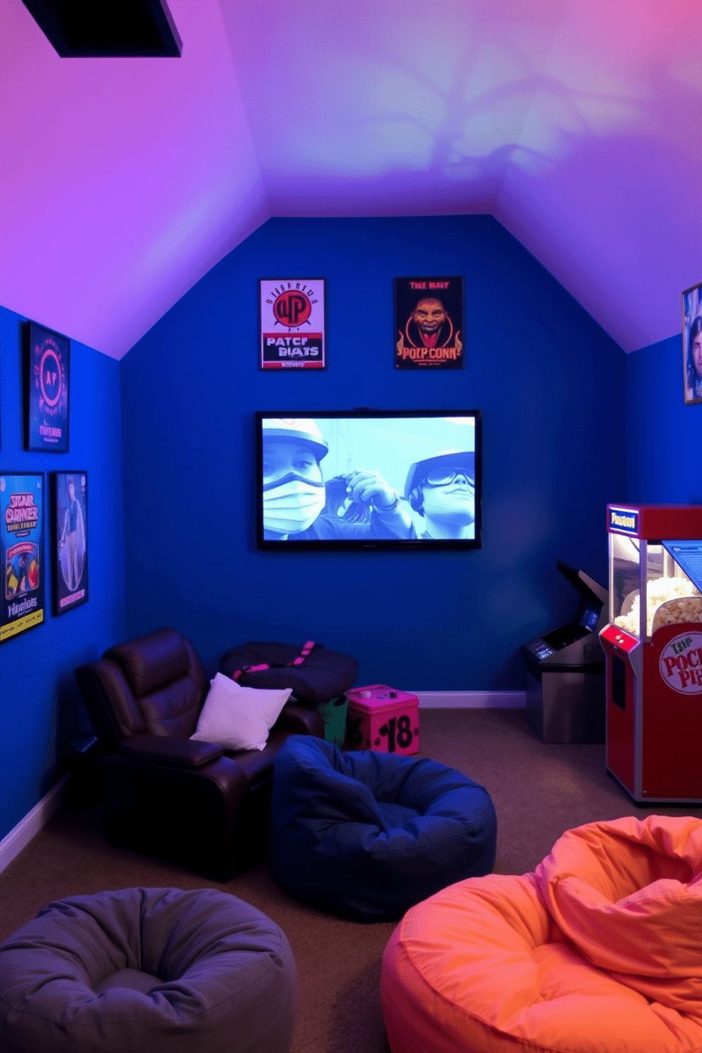 A vibrant home theater featuring retro arcade games as entertainment options. The walls are painted in a deep blue hue, adorned with vintage arcade game posters, and colorful LED lights illuminate the space. Cozy seating arrangements include plush recliners and bean bags, providing comfort for movie nights and gaming sessions. A popcorn machine sits in the corner, adding a nostalgic touch to the overall ambiance.