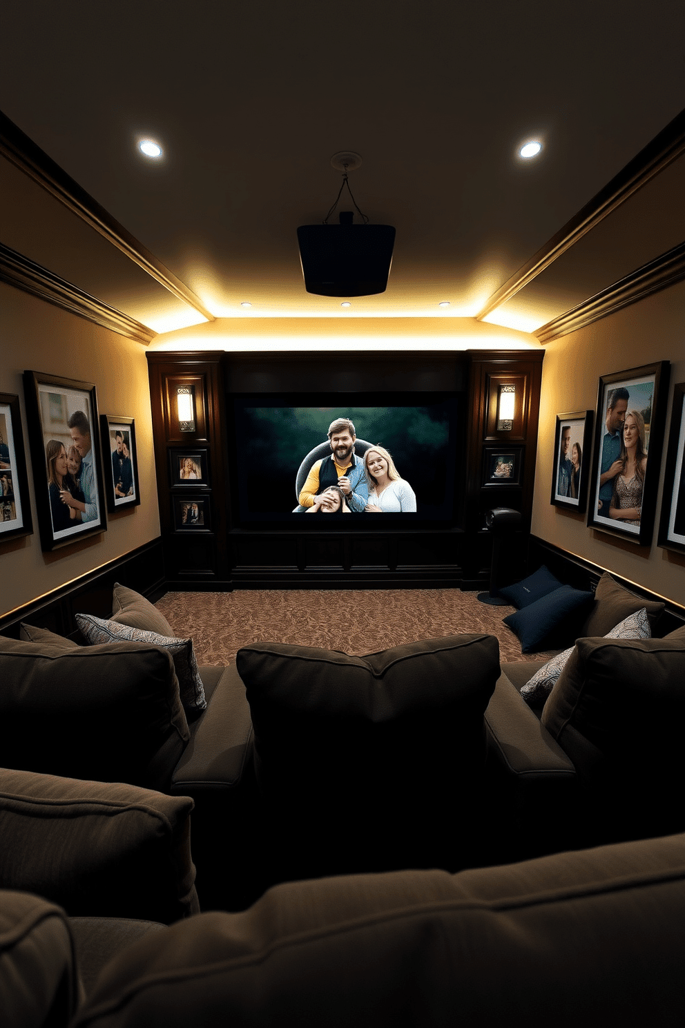 A cozy home theater setup featuring a large screen mounted on the wall. Plush seating arranged in a semi-circle faces the screen, with soft lighting creating an inviting atmosphere. Framed photographs capturing favorite moments are displayed on the walls, adding a personal touch to the space. The decor includes dark wood accents and rich fabrics, creating a comfortable and stylish environment for movie nights.