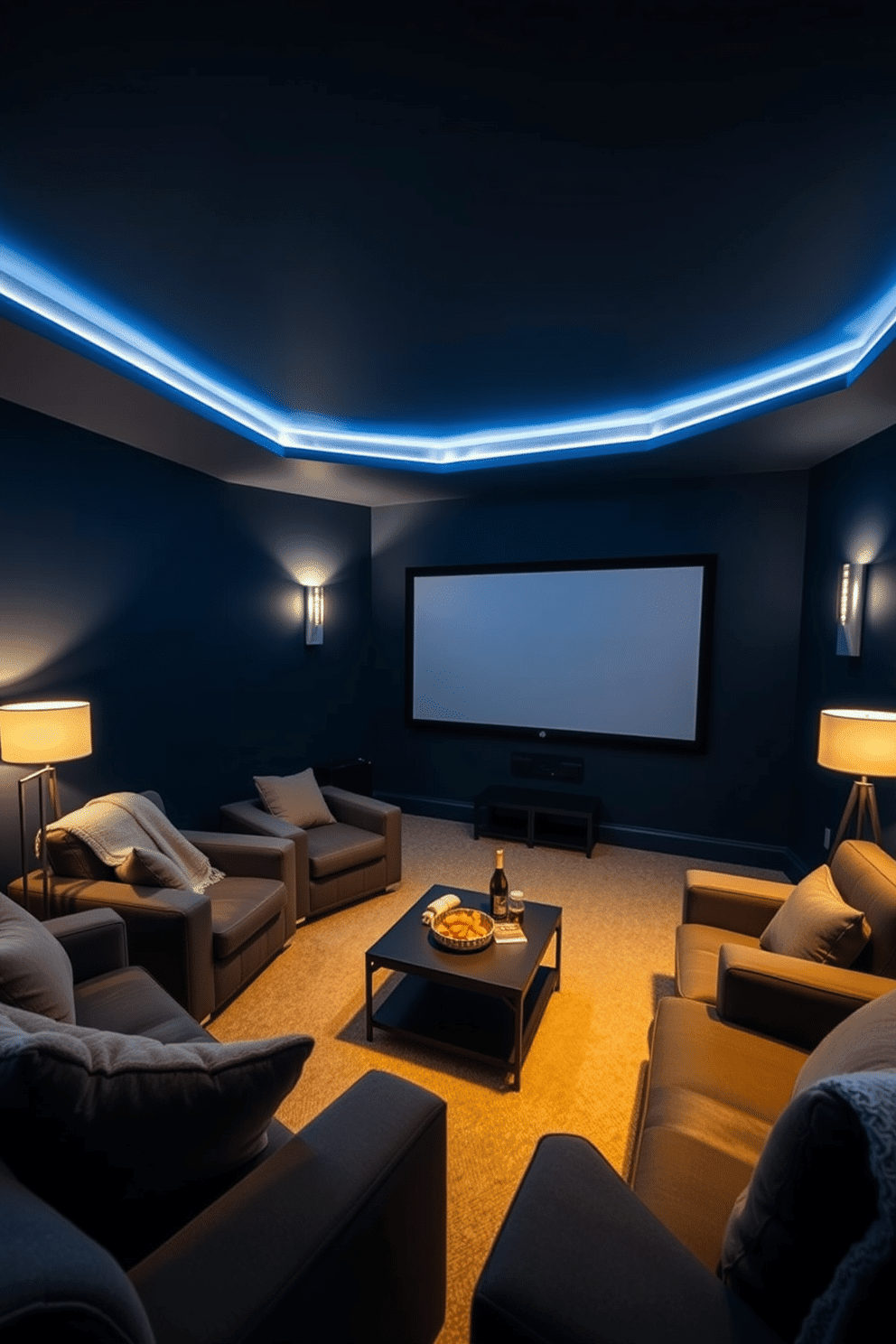 A cozy home theater setting featuring ambient lighting with dimmable options to create the perfect movie-watching atmosphere. The walls are painted in a deep navy blue, and plush seating is arranged in a semi-circular layout with soft throw blankets draped over the armrests. In the corners, stylish floor lamps provide additional light, while LED strip lights outline the ceiling for a modern touch. A large screen is mounted on the wall, and a sleek coffee table in front holds snacks and drinks, completing the inviting space for entertainment.