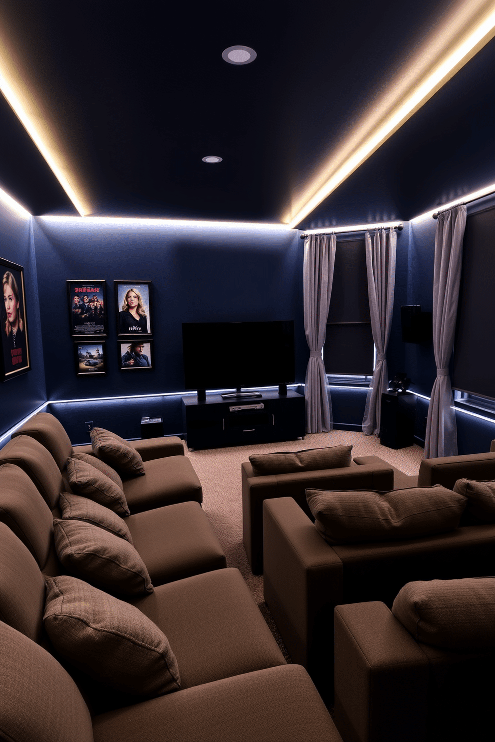 A cozy home theater setting featuring mood lighting with LED strip lights illuminating the room's edges. The walls are painted in a deep navy blue, creating an intimate atmosphere, while plush seating is arranged for optimal viewing comfort. Decorative elements include framed movie posters and a sleek media console housing the latest technology. Soft curtains frame the windows, enhancing the cinematic experience while blackout shades ensure complete darkness when needed.