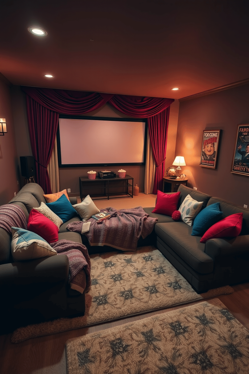 A warm and inviting home theater filled with cozy blankets and an array of colorful throw pillows scattered across a large sectional sofa. Soft ambient lighting creates a relaxed atmosphere, while a large screen is framed by elegant drapes in rich, deep hues. Decorative accents like popcorn bowls and vintage movie posters adorn the walls, enhancing the cinematic experience. Plush rugs underfoot add to the comfort, making it the perfect space for family movie nights and gatherings.