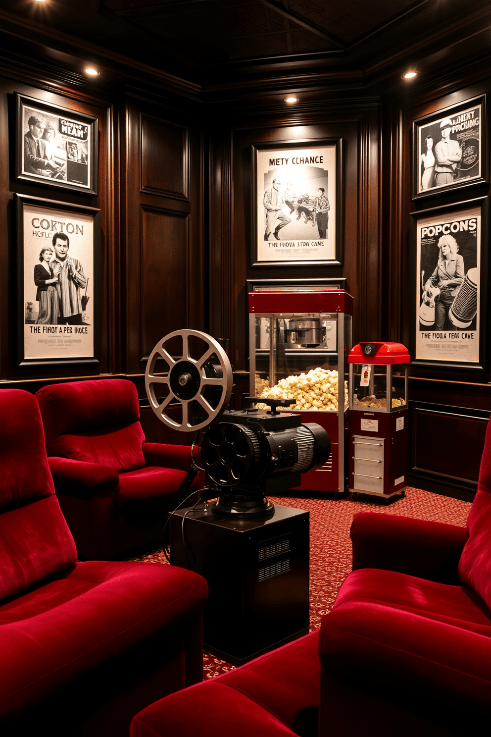 A vintage film projector serves as the centerpiece of the home theater, surrounded by plush velvet seating in deep burgundy. The walls are adorned with framed black and white movie posters, creating a nostalgic atmosphere that invites relaxation and entertainment. Soft ambient lighting illuminates the space, enhancing the rich textures of the dark wood paneling. A large popcorn machine sits in the corner, adding a playful touch to the luxurious design while offering a classic movie snack experience.