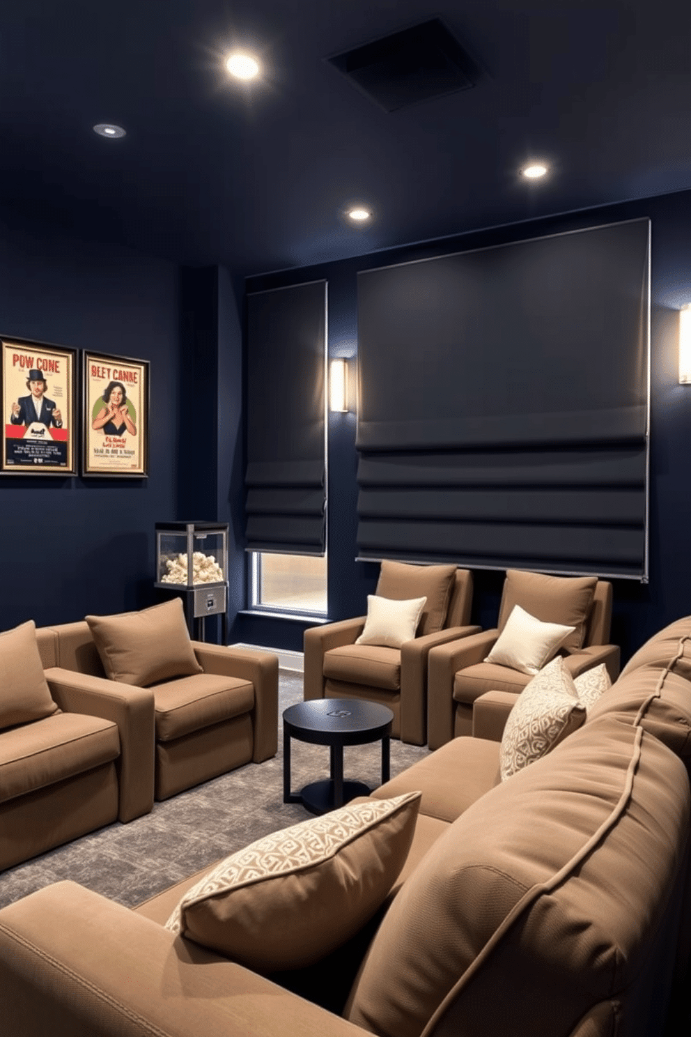 A cozy home theater featuring blackout shades that enhance the viewing experience. The walls are painted a deep navy blue, creating an immersive atmosphere, while plush seating is arranged for comfort and style. Decorative accents include a sleek popcorn machine and vintage movie posters framed on the walls. Soft lighting fixtures are strategically placed to provide a warm glow without interfering with the screen.