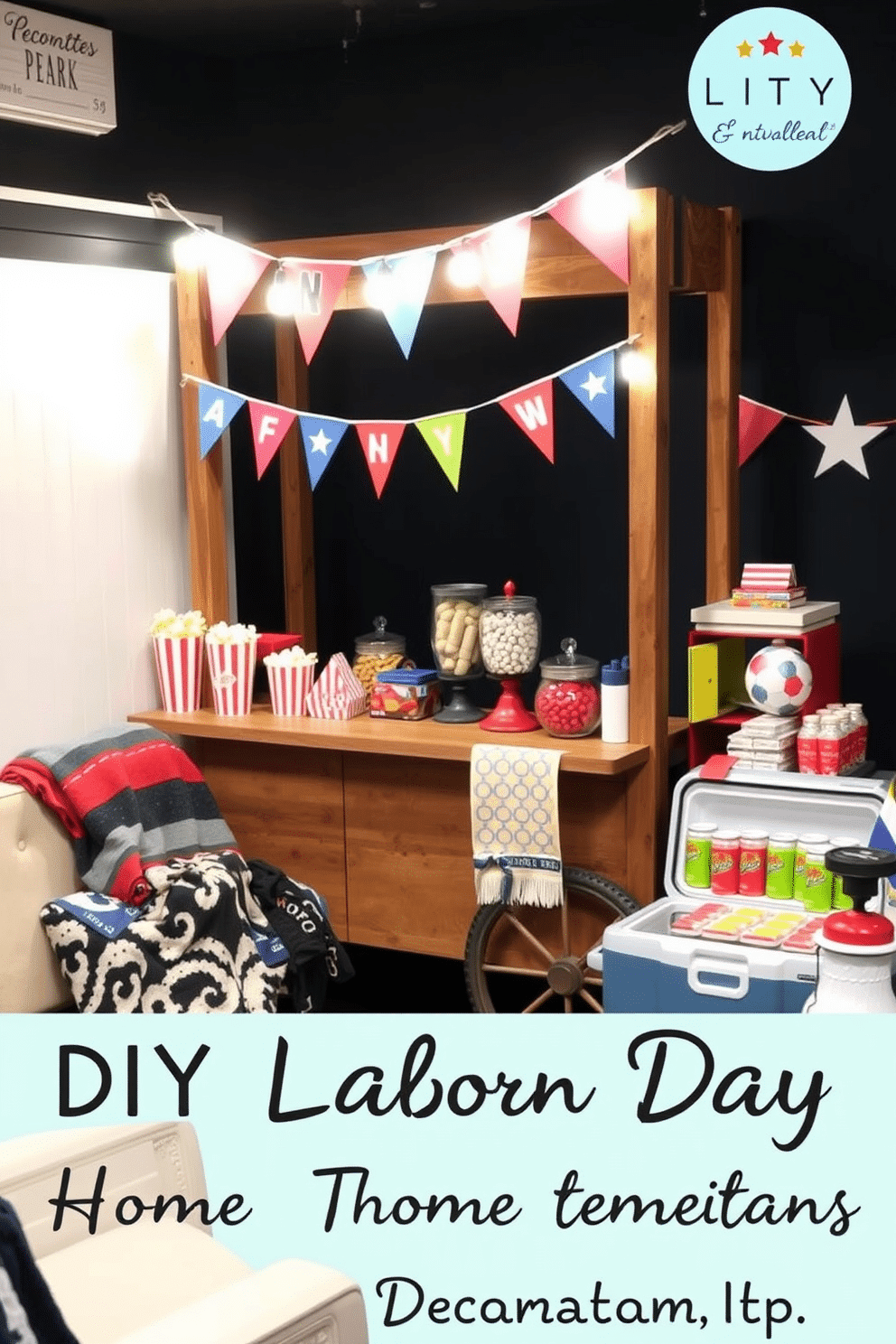 A DIY concession stand featuring a rustic wooden cart adorned with colorful banners and bright lights. The stand offers a variety of fun snacks including popcorn in striped containers, candy jars filled with vibrant sweets, and refreshing drinks displayed in a vintage cooler. Labor Day home theater decorating ideas include plush seating arranged for optimal viewing and cozy throw blankets draped over the chairs. Festive decorations like red, white, and blue accents can enhance the atmosphere, while a snack table with themed treats adds a celebratory touch.