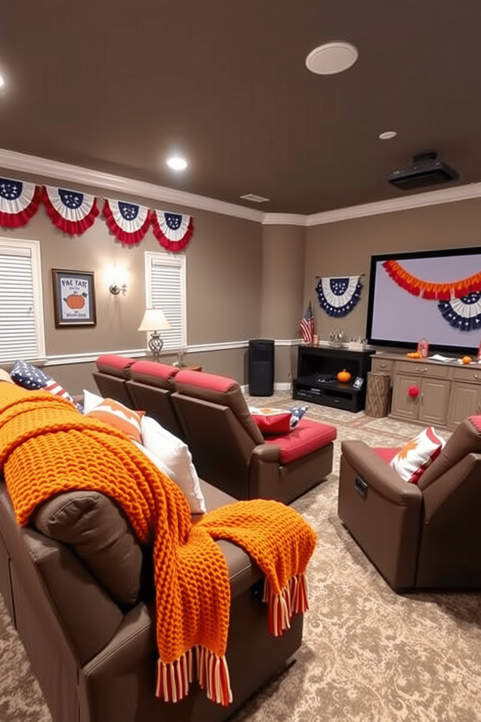 Themed throw blankets for seasonal flair. Soft knitted blankets in warm autumn colors drape over a cozy sectional sofa, complemented by decorative pillows featuring fall motifs. Labor Day Home Theater Decorating Ideas. A spacious home theater features comfortable reclining chairs with red, white, and blue accents, and a large screen framed by patriotic bunting and themed decor.