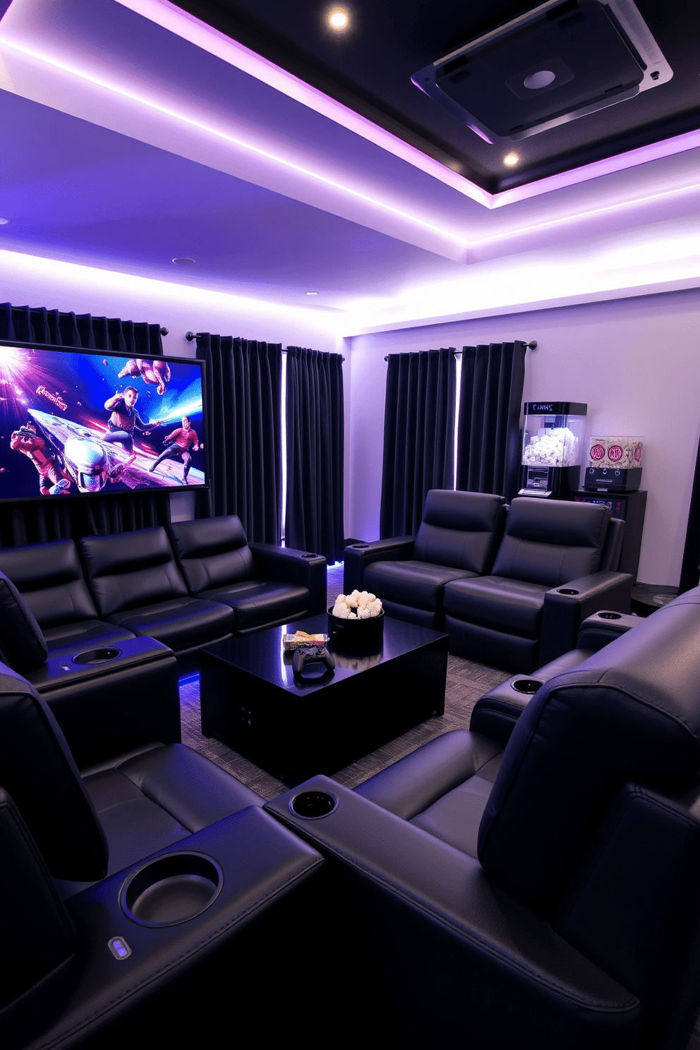 Interactive seating with gaming options. The room features a sleek sectional sofa in dark leather, equipped with built-in cup holders and USB ports for charging devices. A large wall-mounted screen displays vibrant visuals, while ambient LED lighting enhances the gaming atmosphere. A stylish coffee table holds gaming controllers and snacks, creating a perfect blend of comfort and entertainment. Labor Day Home Theater Decorating Ideas. The space is designed with plush recliners arranged for optimal viewing, upholstered in soft fabric for maximum comfort. Dark curtains frame the windows, blocking out light, while a popcorn machine adds a fun touch to the movie-watching experience.