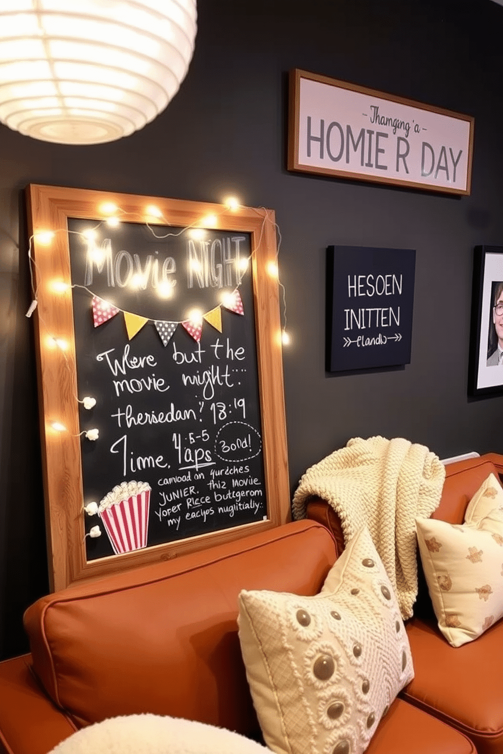 A personalized movie night invitation board featuring a rustic wooden frame adorned with fairy lights. The board displays a chalkboard surface with hand-written details about the movie, date, and time, surrounded by popcorn-themed decorations. Labor Day home theater decorating ideas with cozy seating arrangements in rich, warm tones. The space includes plush throw blankets, decorative pillows, and wall art that celebrates the spirit of the holiday, creating an inviting atmosphere for relaxation and entertainment.