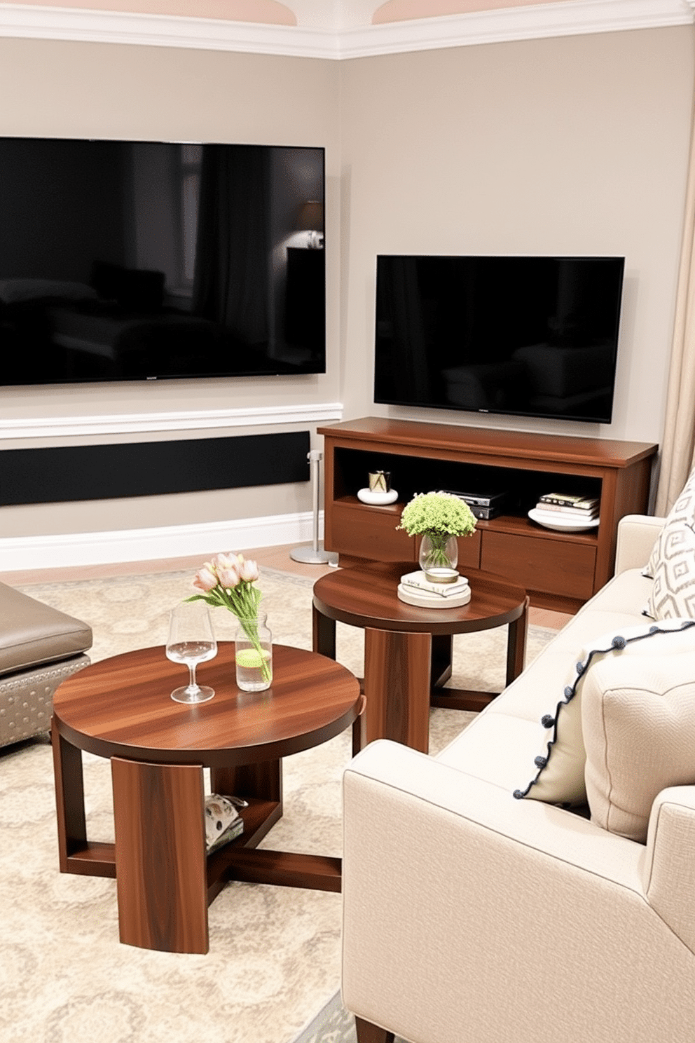 Stylish end tables for drinks and snacks. The tables are crafted from rich walnut wood with sleek lines and a modern design. Labor Day Home Theater Decorating Ideas. The space features a cozy sectional sofa with plush cushions and a large flat-screen TV mounted on the wall.