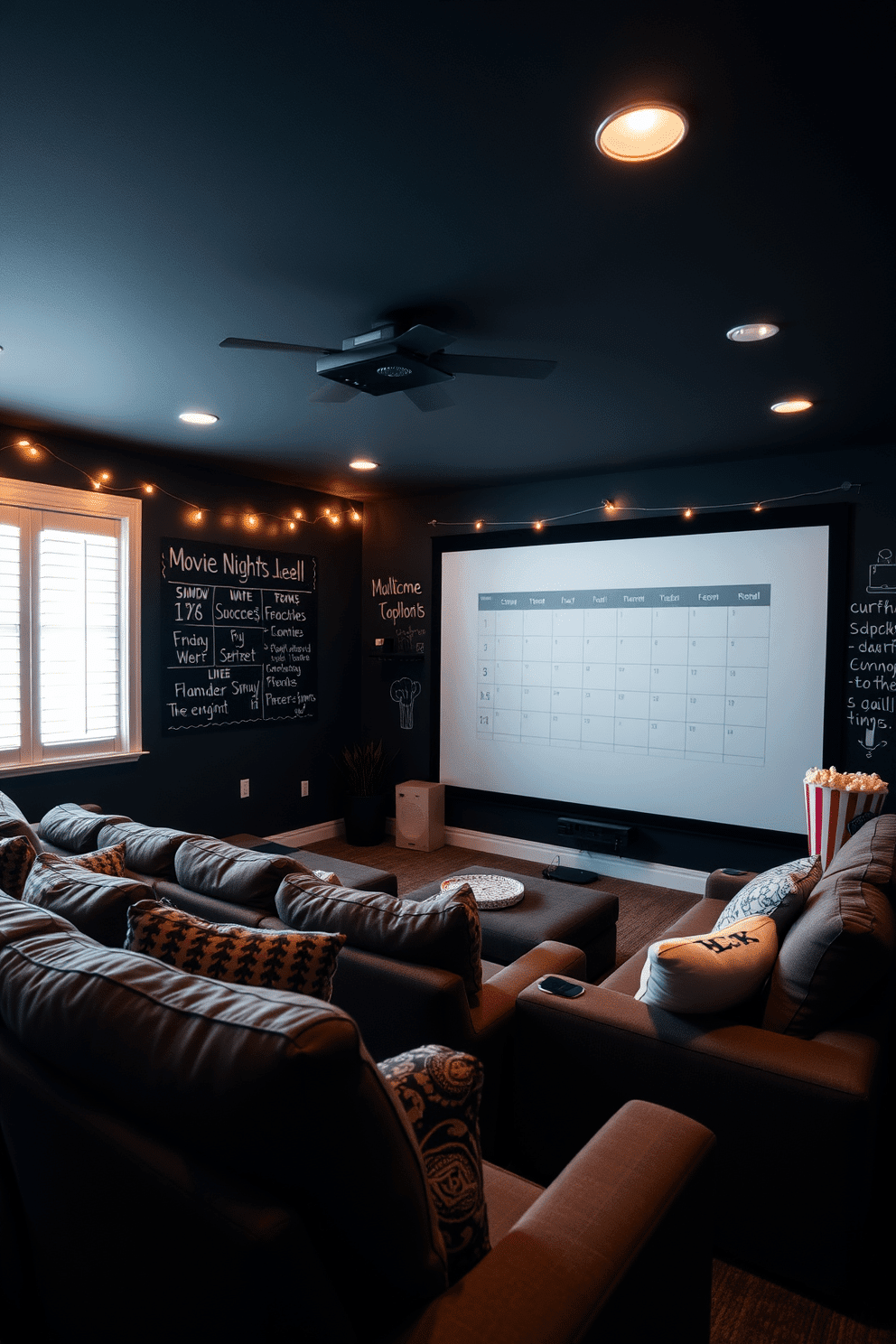 A cozy home theater with a chalkboard wall displaying the movie night schedule. The seating includes plush, oversized sofas and a large projector screen for an immersive viewing experience. Decorative elements include string lights and popcorn-themed accents. The room features dark walls for optimal light absorption and comfortable, dimmable lighting for the perfect ambiance.