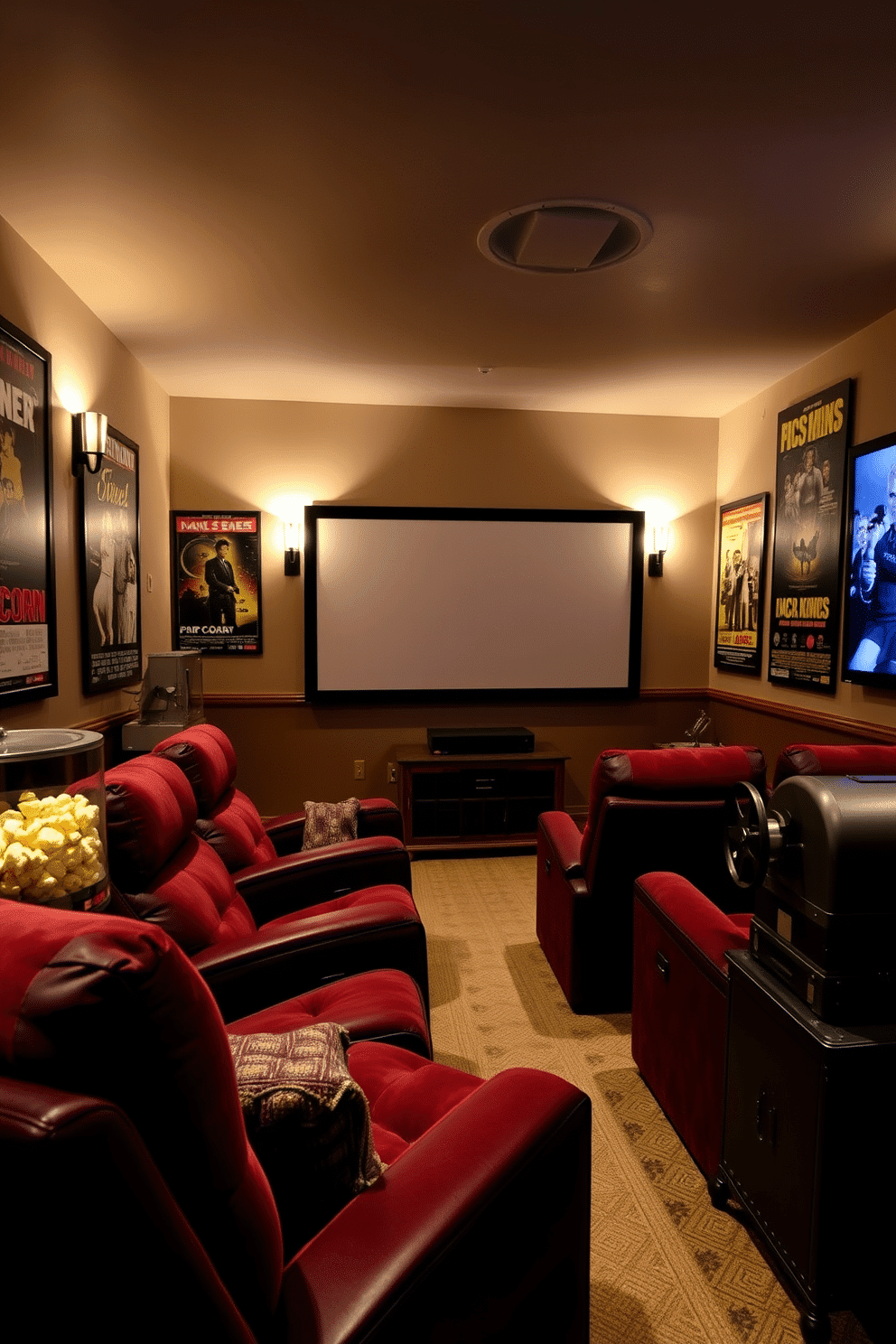 A cozy home theater featuring vintage movie posters adorning the walls creates a nostalgic atmosphere. The seating arrangement includes plush recliners in deep burgundy, positioned for optimal viewing of a large screen. Soft ambient lighting enhances the cinematic experience, with sconces framing the posters. A popcorn machine and a vintage film projector add charm to the space, completing the perfect Labor Day movie night setup.