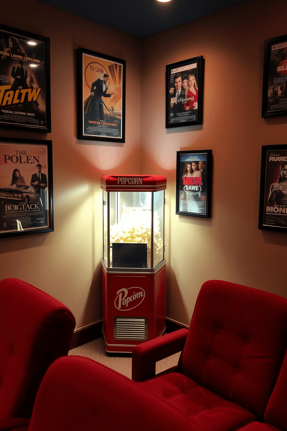 A vintage popcorn machine sits in the corner of a cozy home theater, adding a nostalgic touch to the space. The machine is brightly colored and illuminated, inviting guests to enjoy fresh popcorn during movie nights. The walls are adorned with framed movie posters, creating an engaging atmosphere for film lovers. Plush seating in rich colors provides comfort, while soft lighting enhances the cinematic experience.