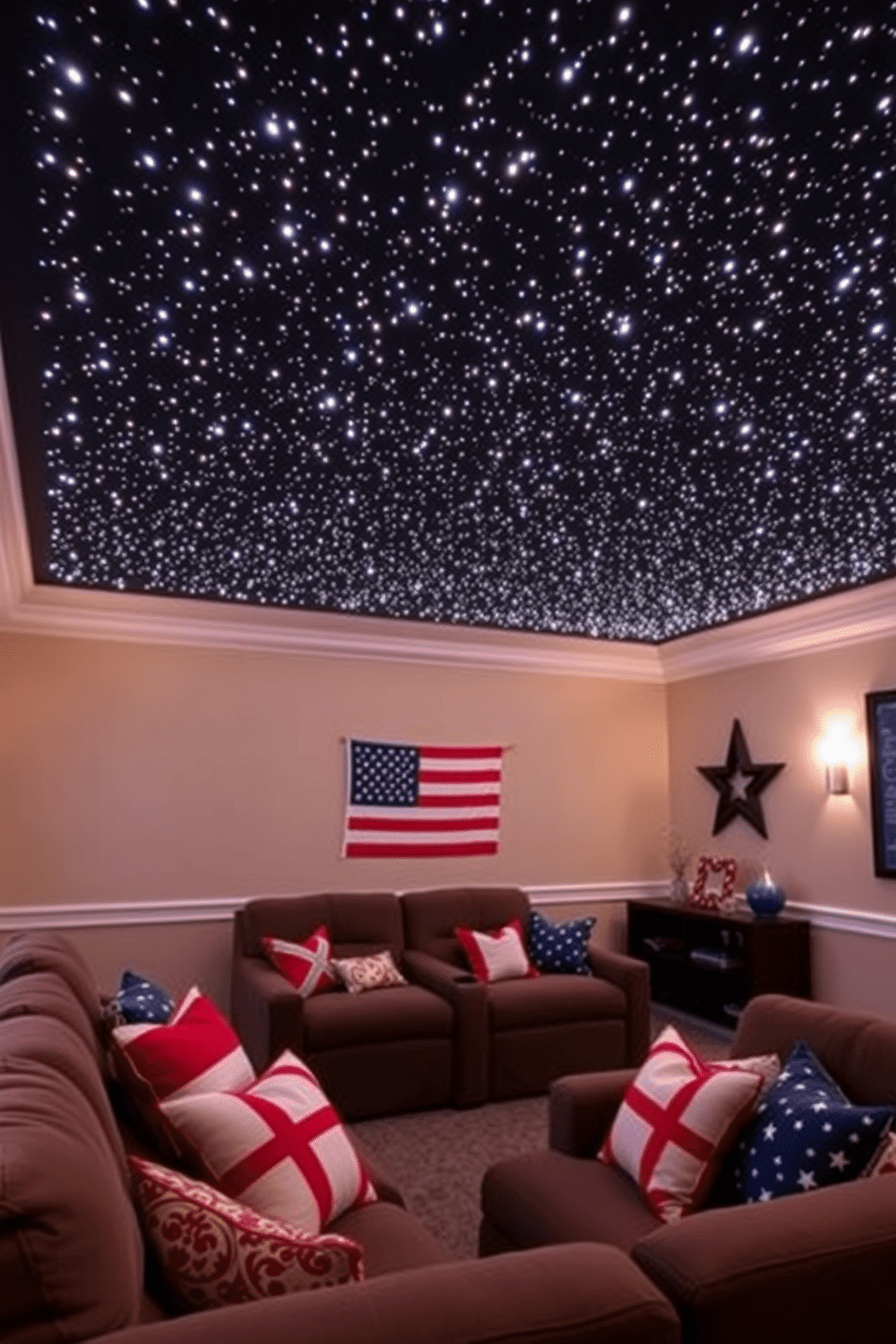 A starry night ceiling adorned with fiber optics creates a magical atmosphere in the room. The soft glow of the tiny lights mimics the beauty of a clear night sky, enhancing the overall ambiance. For Labor Day home theater decorating ideas, plush seating is arranged for optimal comfort and viewing. Red, white, and blue accents are incorporated through throw pillows and decorations, celebrating the holiday spirit.