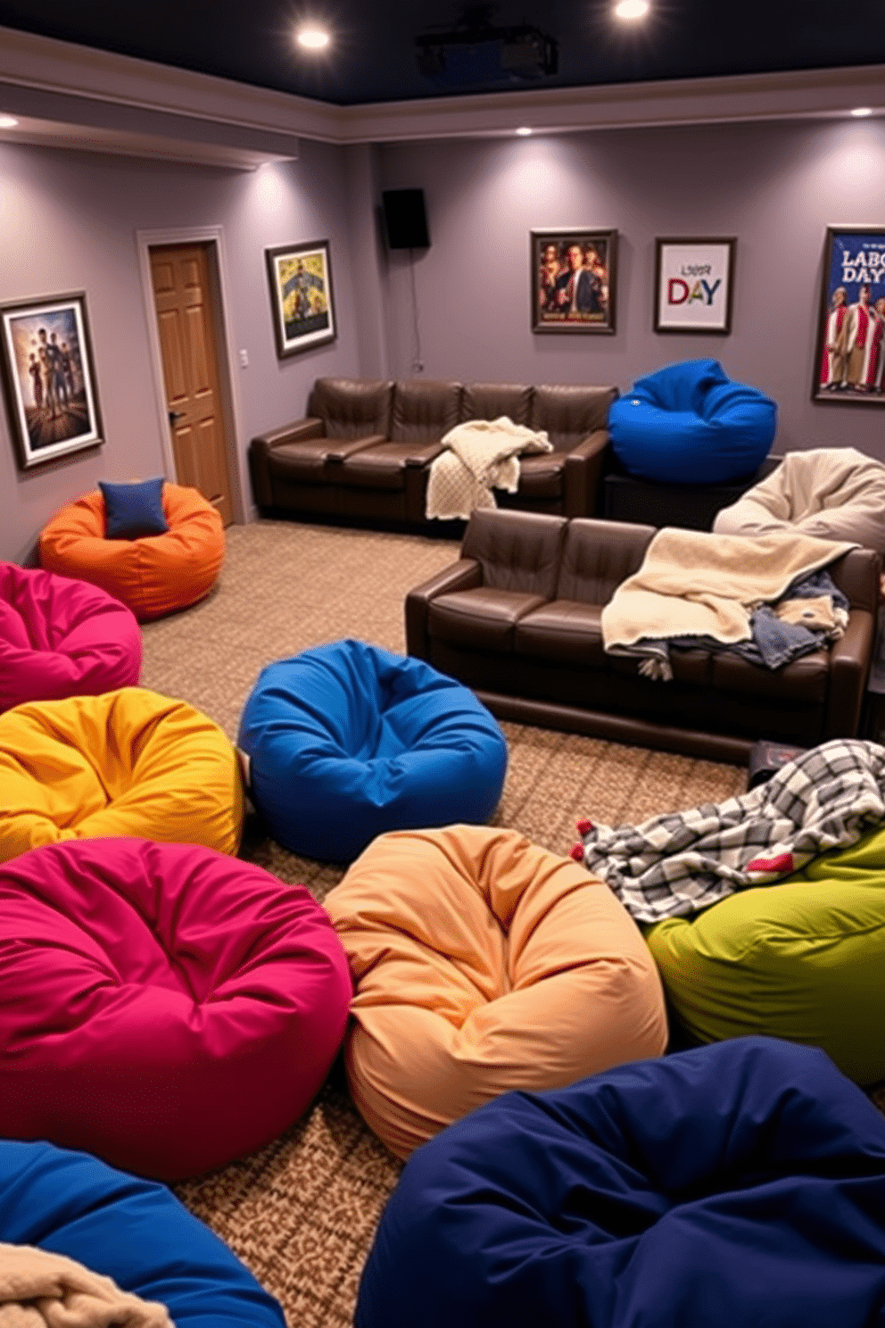 Oversized bean bags are scattered throughout the living room, inviting relaxation and comfort. They come in vibrant colors and soft fabrics, creating a playful yet cozy atmosphere for casual gatherings. The home theater is adorned with plush seating and ambient lighting to enhance the viewing experience. Decorate with themed artwork and cozy blankets to celebrate Labor Day, making it the perfect space for movie marathons.