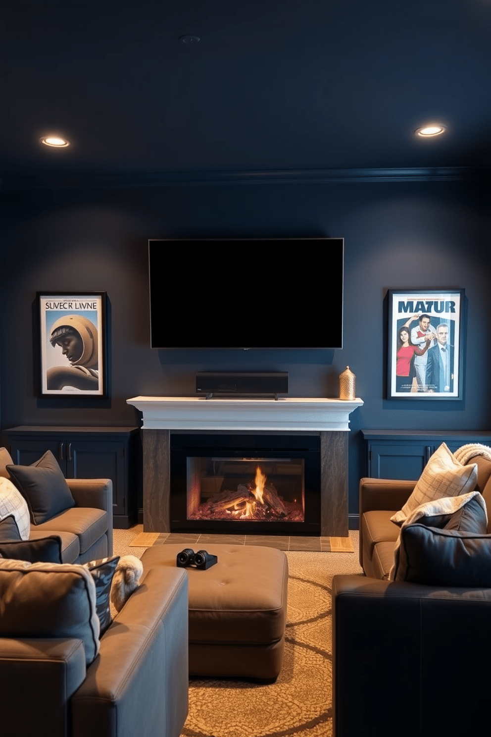 A modern home theater featuring a sleek Smart TV mounted above a contemporary fireplace. The room is designed with comfortable seating arranged for optimal viewing, and the walls are painted in a deep navy blue for a cozy atmosphere. Soft ambient lighting highlights the space, creating a warm and inviting environment. Decorative elements like framed movie posters and plush throw blankets enhance the overall aesthetic, making it perfect for Labor Day gatherings.