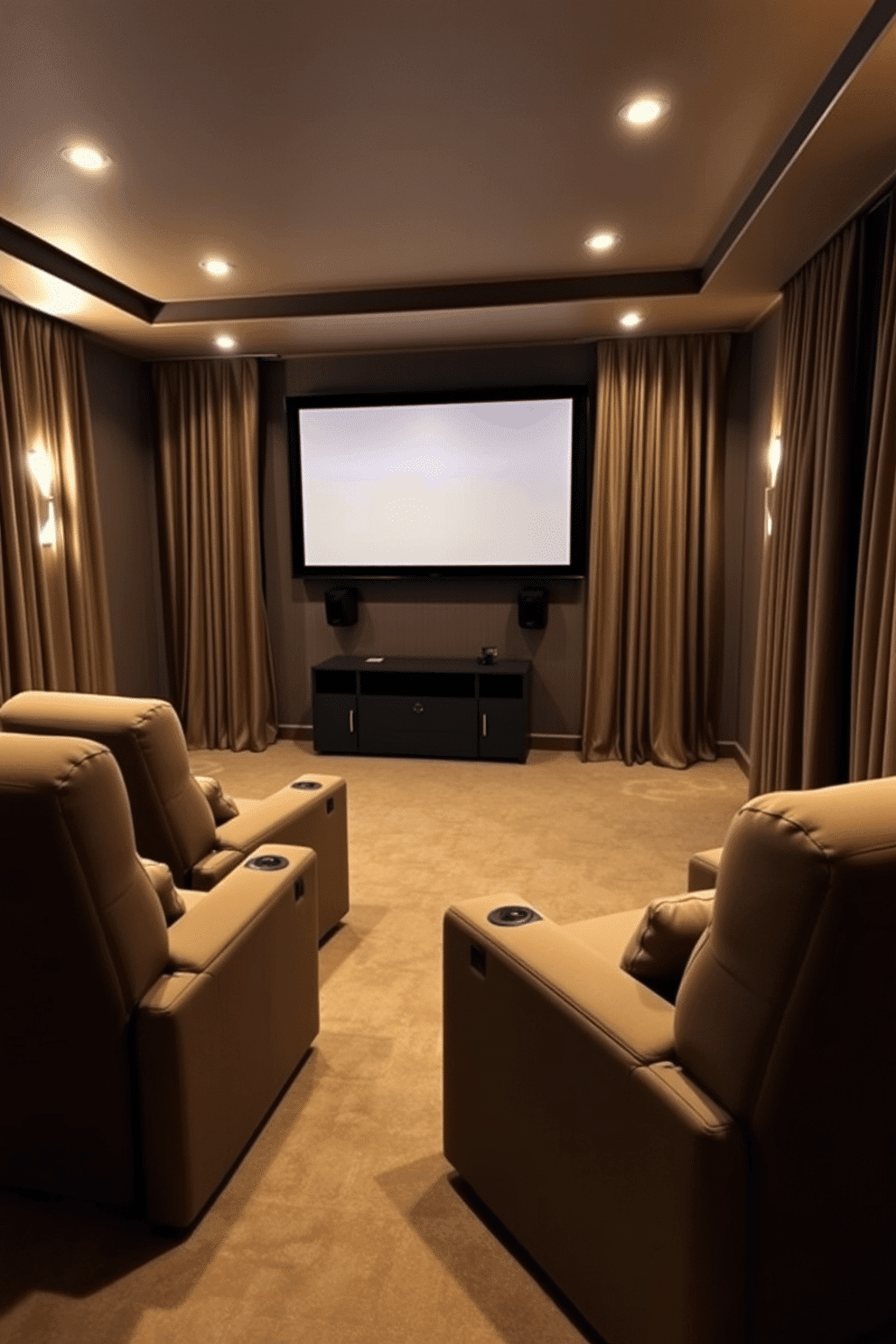 A cozy home theater designed for ultimate relaxation. The room features plush reclining chairs arranged in perfect viewing angles, with a large screen mounted on the wall. The windows are dressed with heavy curtains that block out all light, ensuring a cinematic experience. Soft, ambient lighting is strategically placed to create a warm and inviting atmosphere.