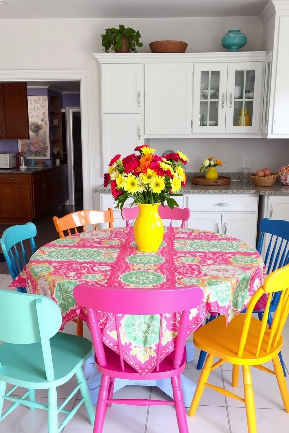 A bright and inviting kitchen setting. The table is adorned with colorful table linens featuring vibrant patterns that enhance the cheerful atmosphere. Around the table, mismatched chairs in various colors create a playful yet cohesive look. Fresh flowers in a bold vase serve as a centerpiece, adding a touch of nature to the festive decor.