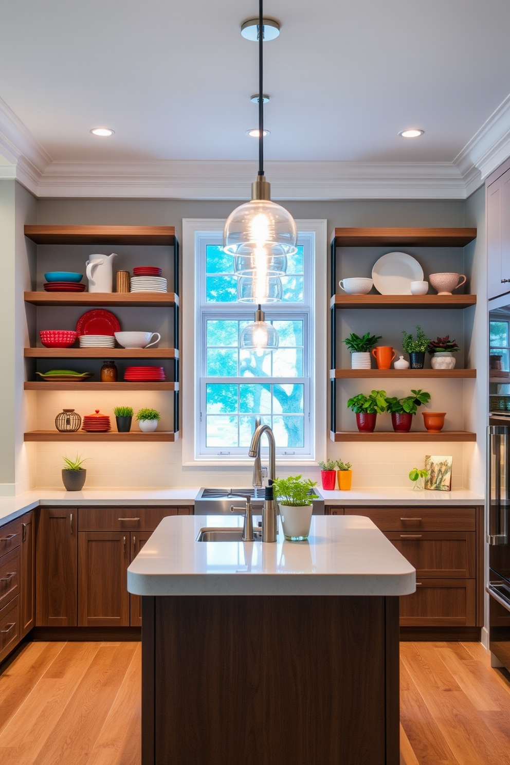 A modern kitchen with open shelving design. The shelves are filled with decorative items such as colorful dishware and potted herbs, creating an inviting atmosphere. The kitchen features a large island with a sleek countertop. Pendant lights hang above the island, providing warm illumination for cooking and entertaining.