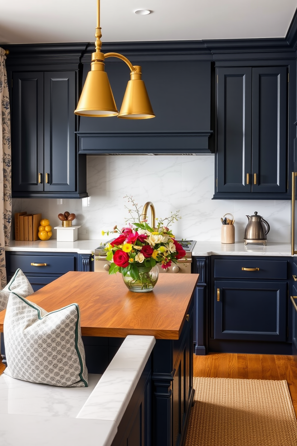 A warm and inviting kitchen space. The cabinetry features a rich navy blue finish, complemented by brass hardware and a white marble backsplash that adds a touch of elegance. The countertops are adorned with a mix of natural wood and polished stone, creating a beautiful contrast. Cozy textiles like a woven rug and patterned curtains soften the overall look, while a centerpiece of seasonal flowers brings life to the table.