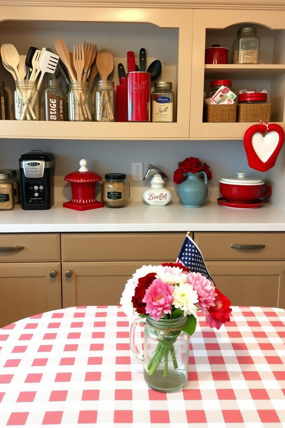 A charming kitchen decorated for Labor Day features rustic mason jars used as storage solutions for utensils and dry ingredients. The jars are arranged on open shelves, adding a touch of farmhouse style to the space while keeping essentials easily accessible. The kitchen is adorned with red, white, and blue accents to celebrate the holiday. A festive table setting includes a checkered tablecloth and fresh flowers in a mason jar centerpiece, creating a warm and inviting atmosphere.