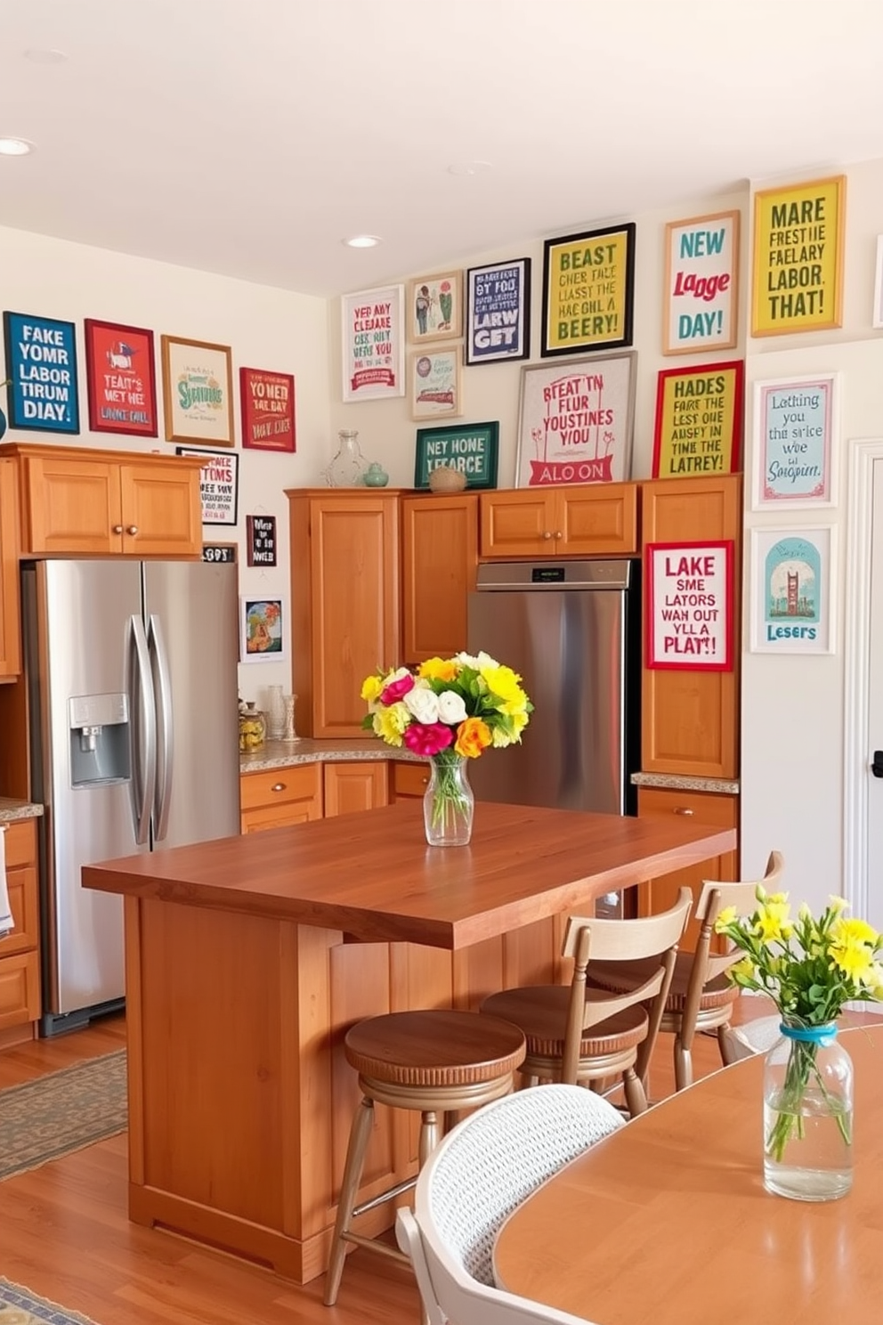 A bright and inviting kitchen filled with cheerful wall art pieces that celebrate Labor Day. The walls are adorned with colorful prints and framed quotes, creating a festive atmosphere that inspires creativity and togetherness. The kitchen features a spacious island with a butcher block countertop, surrounded by comfortable bar stools. Warm wood cabinetry complements the vibrant decor, while fresh flowers in a vase add a touch of nature to the cheerful setting.