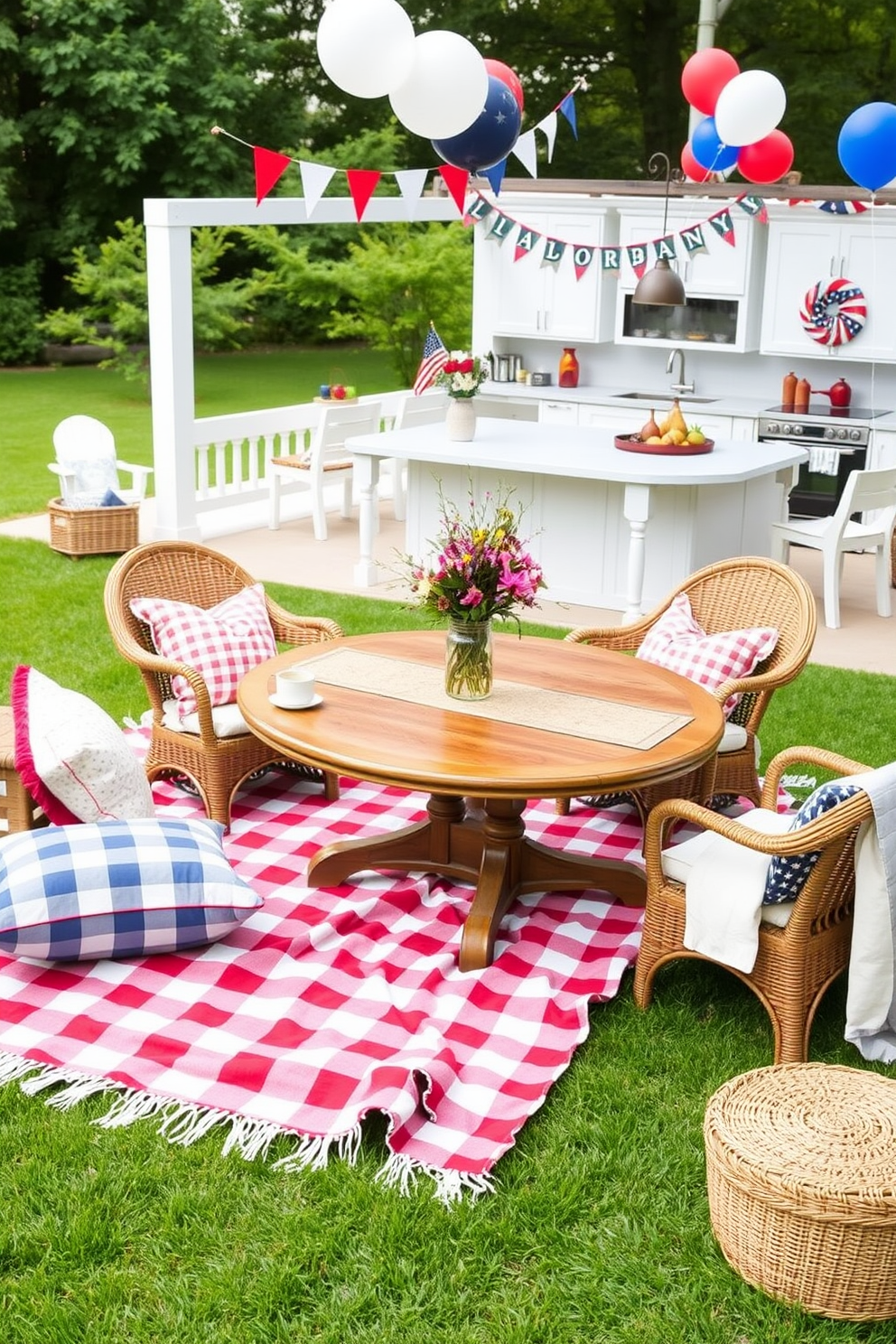 A charming picnic-style dining setup is arranged on a lush green lawn. A large checkered blanket is spread out, adorned with an assortment of colorful cushions for comfort. An elegant wooden table is set in the center, featuring a rustic centerpiece of wildflowers in a mason jar. Surrounding the table are wicker chairs, each draped with a light cotton throw for a cozy touch. For Labor Day kitchen decorating ideas, the kitchen is adorned with festive red, white, and blue accents. Banners and balloons hang from the ceiling, creating a cheerful and inviting atmosphere.