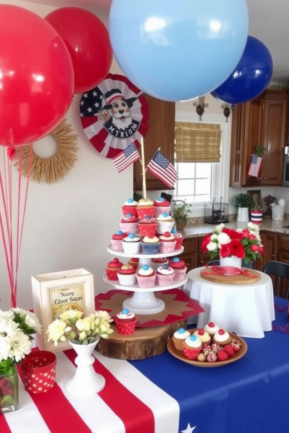 Create a themed dessert station that features an array of colorful cupcakes arranged on a tiered stand. Surround the station with festive decorations including red, white, and blue balloons and tablecloths to celebrate Labor Day. Design a cozy kitchen space adorned with seasonal decor that reflects the spirit of Labor Day. Incorporate rustic elements such as wooden accents and fresh flowers to create a warm and inviting atmosphere.