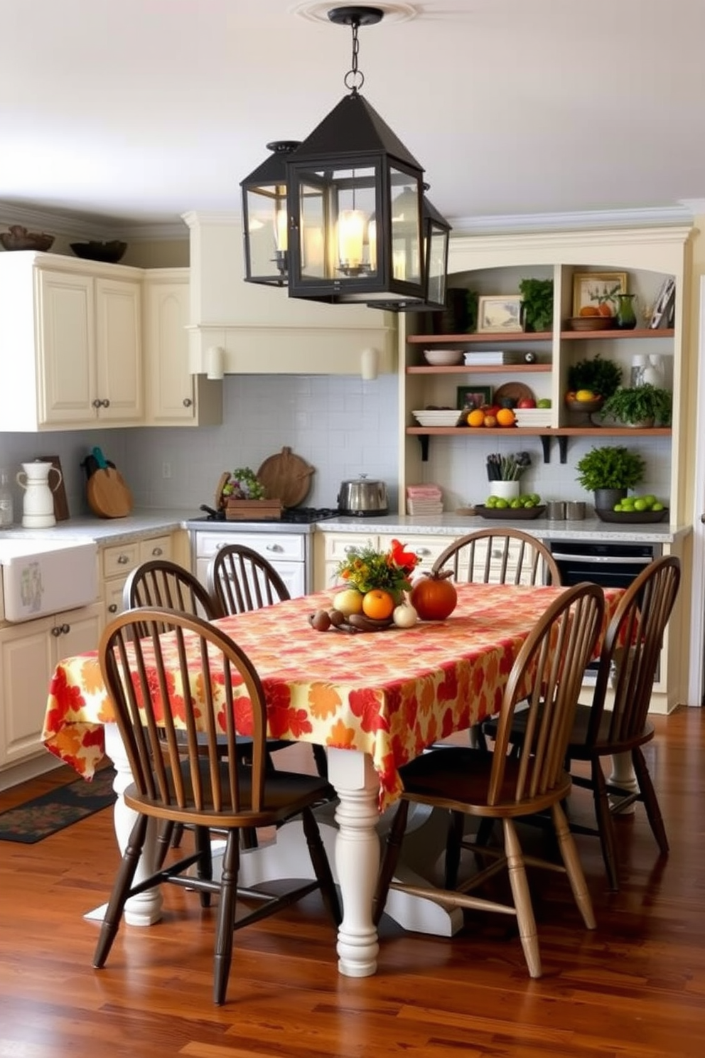 A cozy kitchen setting designed for Labor Day celebrations. The space features a large farmhouse table adorned with a vibrant autumn tablecloth, surrounded by mismatched wooden chairs. Hanging above the table are decorative lanterns that cast a warm, inviting glow throughout the room. The kitchen cabinets are painted in a soft cream color, complemented by rustic open shelving displaying seasonal decor and fresh produce.