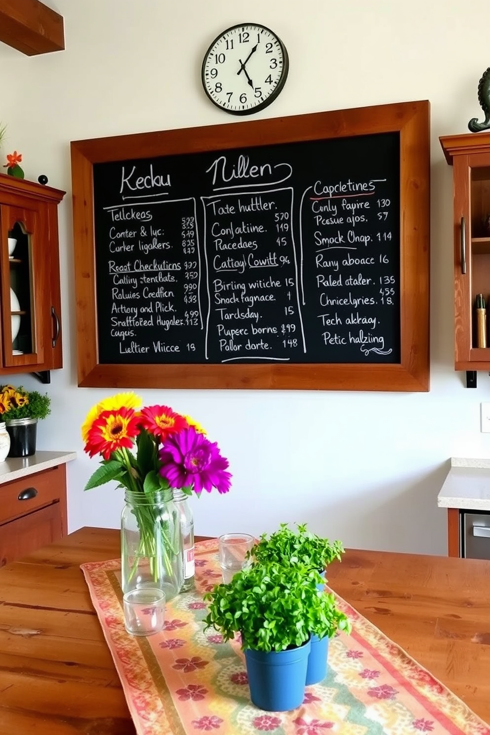 A rustic kitchen featuring a large chalkboard mounted on the wall for menu displays. The chalkboard is framed in reclaimed wood, adding a warm touch to the space. Decorative accents include vibrant seasonal flowers in mason jars and a vintage-style clock hanging above the countertop. The kitchen island is adorned with a colorful table runner and a selection of fresh herbs in small pots.