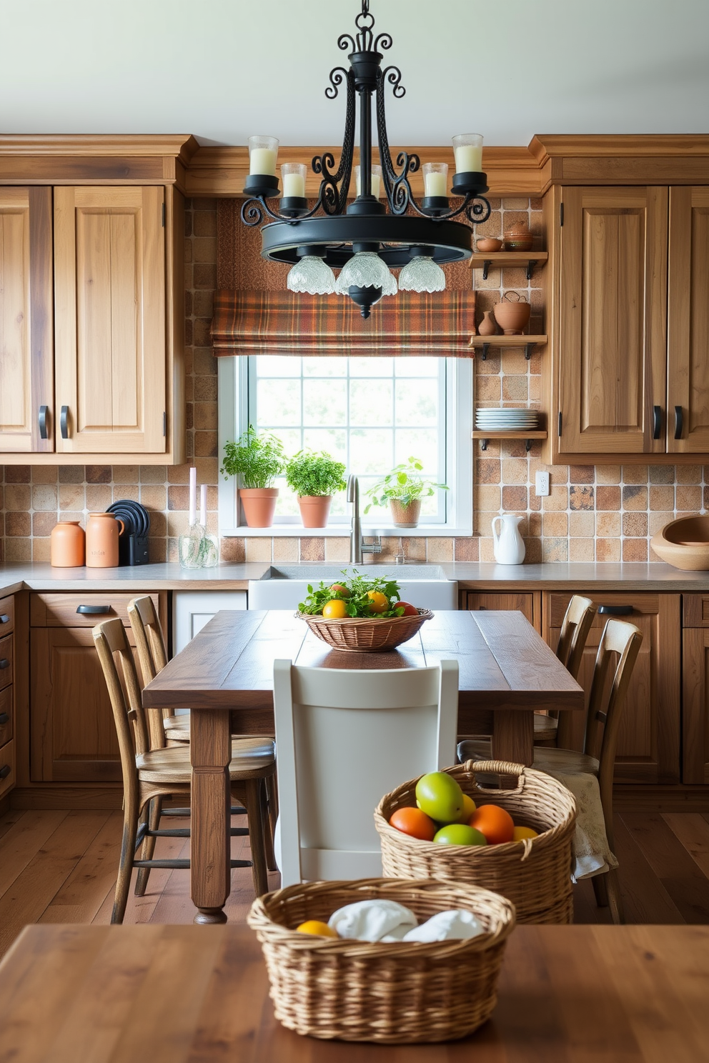 A cozy kitchen setting with rustic wooden accents. The cabinets are made of reclaimed wood, featuring a natural finish that highlights the grain. A large farmhouse table sits in the center, surrounded by mismatched chairs. Above the table, a wrought iron chandelier casts a warm glow over the space. The backsplash is adorned with handmade ceramic tiles in earthy tones. Fresh herbs in terracotta pots are placed on the windowsill, adding a touch of greenery. Vintage kitchenware is displayed on open shelving, creating a charming and inviting atmosphere. A woven basket filled with seasonal fruits sits on the counter, enhancing the rustic feel.