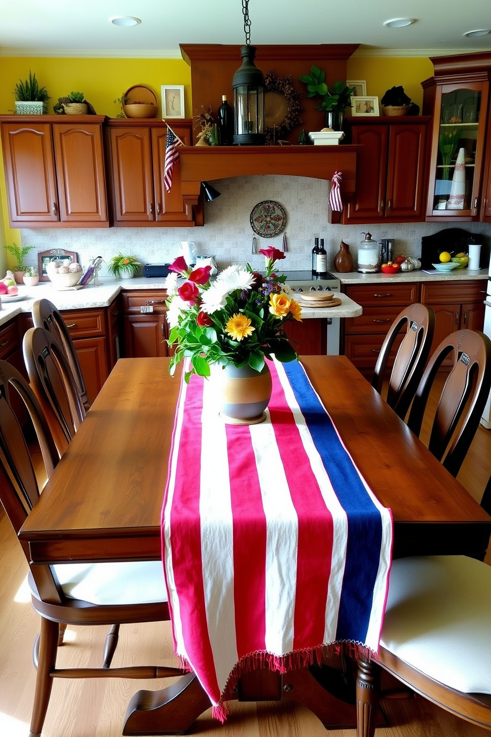 A warm and inviting kitchen setting designed for a festive Labor Day celebration. The table is adorned with a vibrant table runner featuring red, white, and blue stripes, complemented by a bouquet of fresh flowers in a rustic vase at the center. Surrounding the table, elegant wooden chairs with soft cushions invite guests to gather. The kitchen walls are painted in a cheerful yellow, and the countertops are decorated with seasonal produce and festive decorations, creating a cozy and welcoming atmosphere.