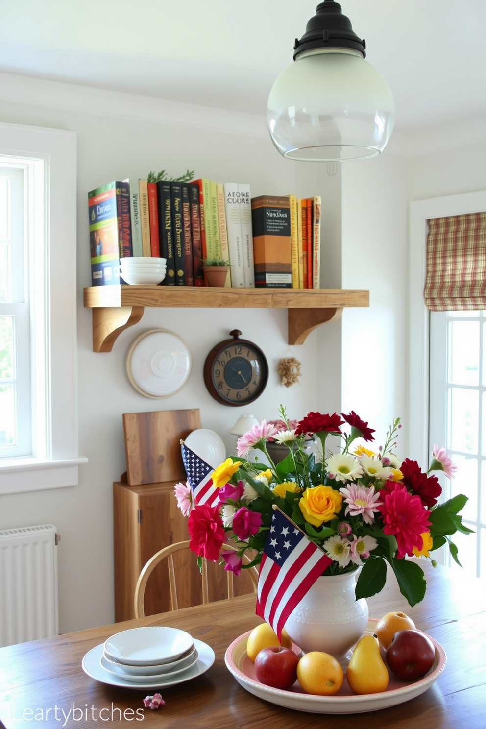 Display seasonal cookbooks prominently on a rustic wooden shelf in a bright and airy kitchen. The shelf is adorned with decorative items like small potted herbs and a vintage clock, creating a warm and inviting atmosphere. For Labor Day kitchen decorating ideas, incorporate red, white, and blue accents through tableware and linens. A festive centerpiece featuring fresh flowers and seasonal fruits adds a celebratory touch to the dining table.