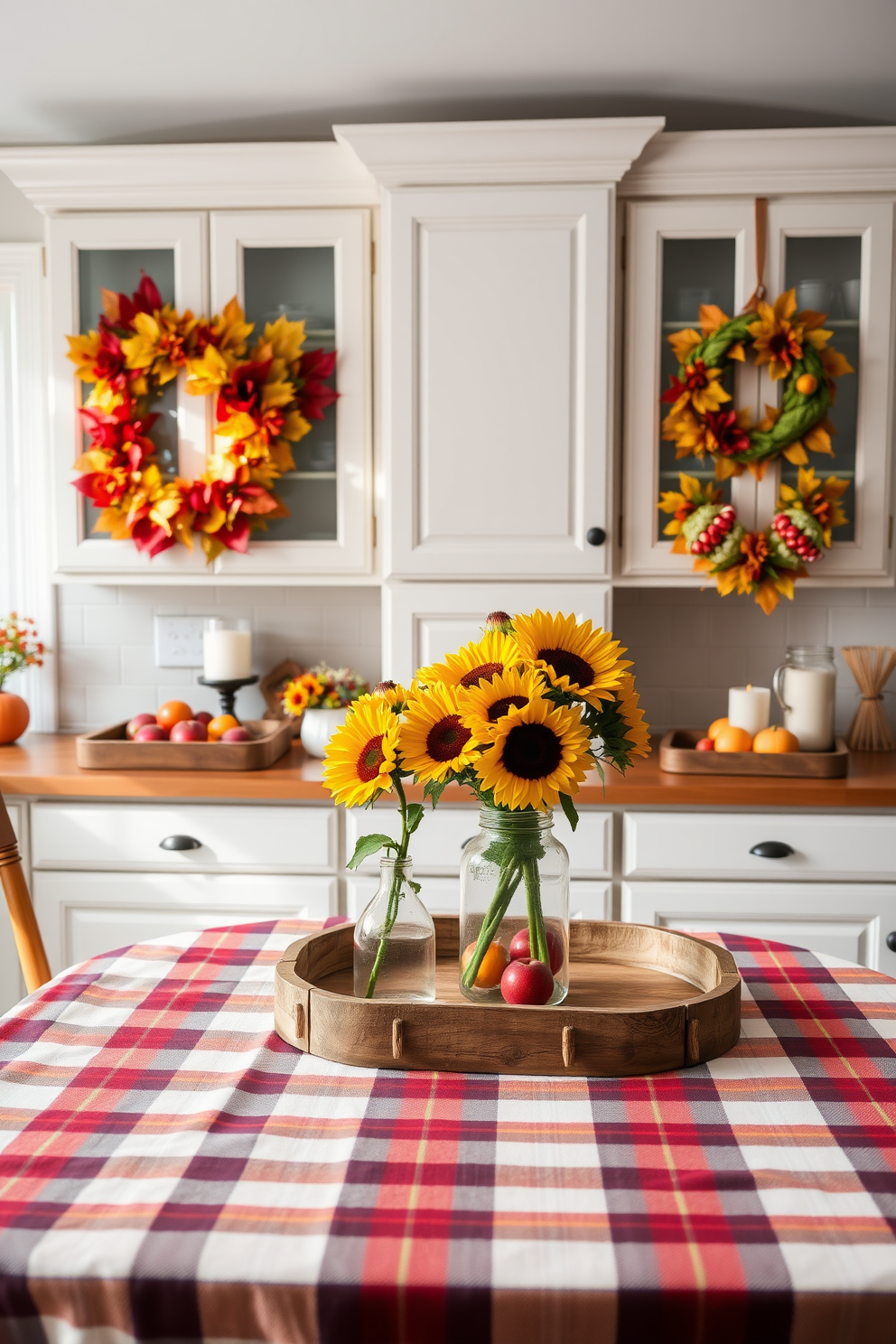 A bright and inviting kitchen filled with the warmth of autumn. Colorful wreaths adorned with vibrant leaves and seasonal flowers hang on the cabinet doors, adding a festive touch. The countertops are topped with rustic wooden trays showcasing seasonal fruits and decorative candles. A cozy table set for a family gathering features a plaid tablecloth and an arrangement of sunflowers in a mason jar.