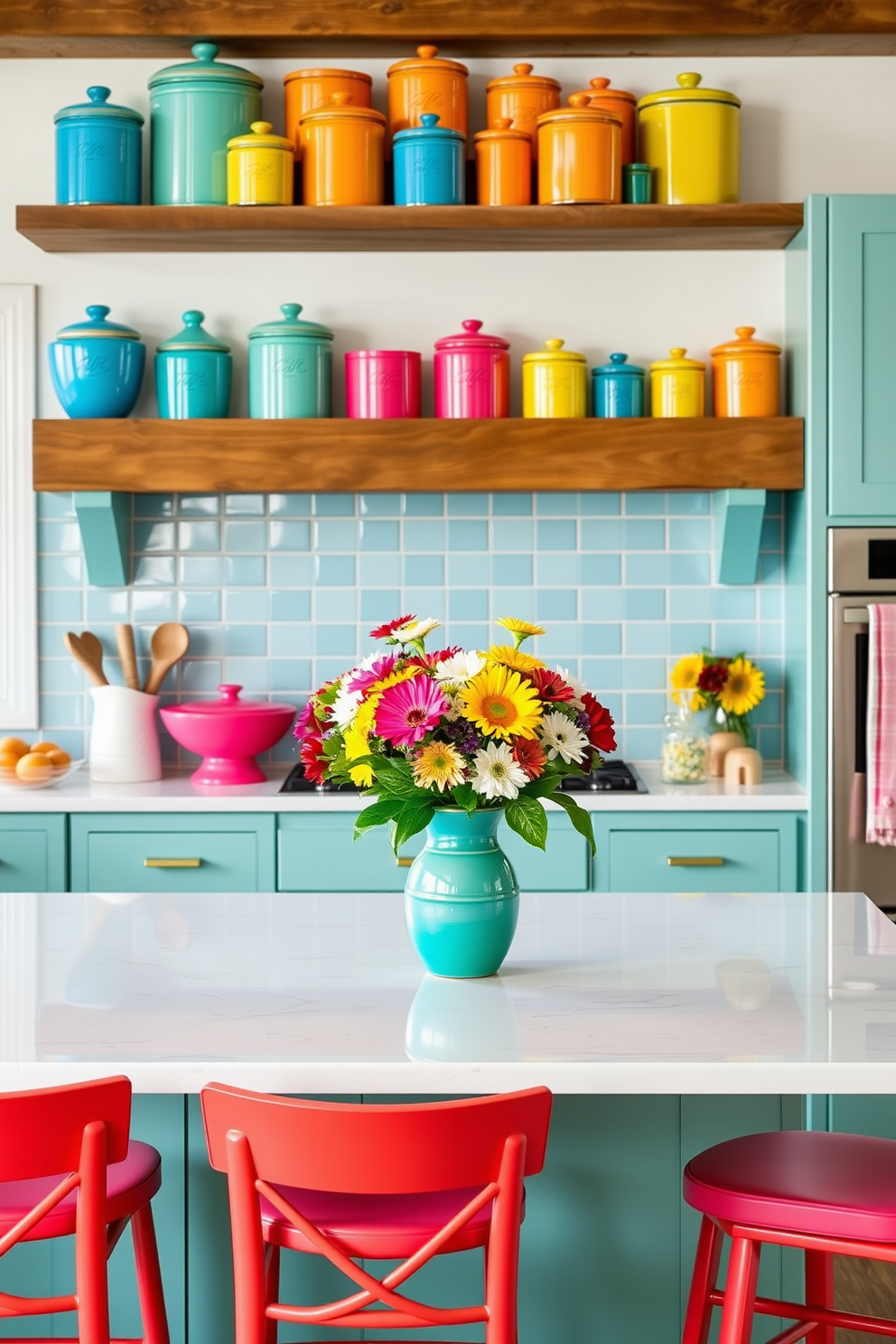 A vibrant kitchen filled with bright ceramic canisters in various sizes for storage. The canisters are arranged on a wooden shelf above the countertop, adding a pop of color to the space. The kitchen features a spacious island with a white quartz countertop and bar stools in a cheerful hue. Fresh flowers in a colorful vase sit at the center of the island, enhancing the festive atmosphere for Labor Day celebrations.